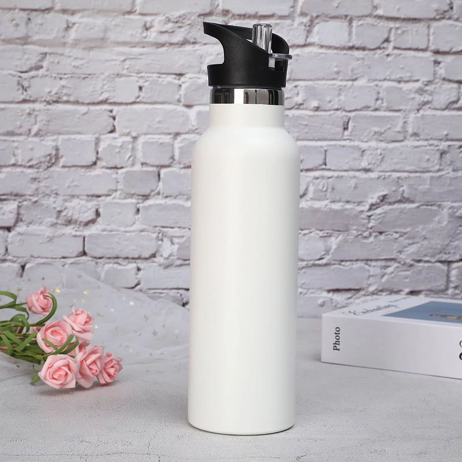 A black water bottle vacuum insulated stainless steel leak-proof wide mouth kettle with straw lid fitness gym outdoor sports