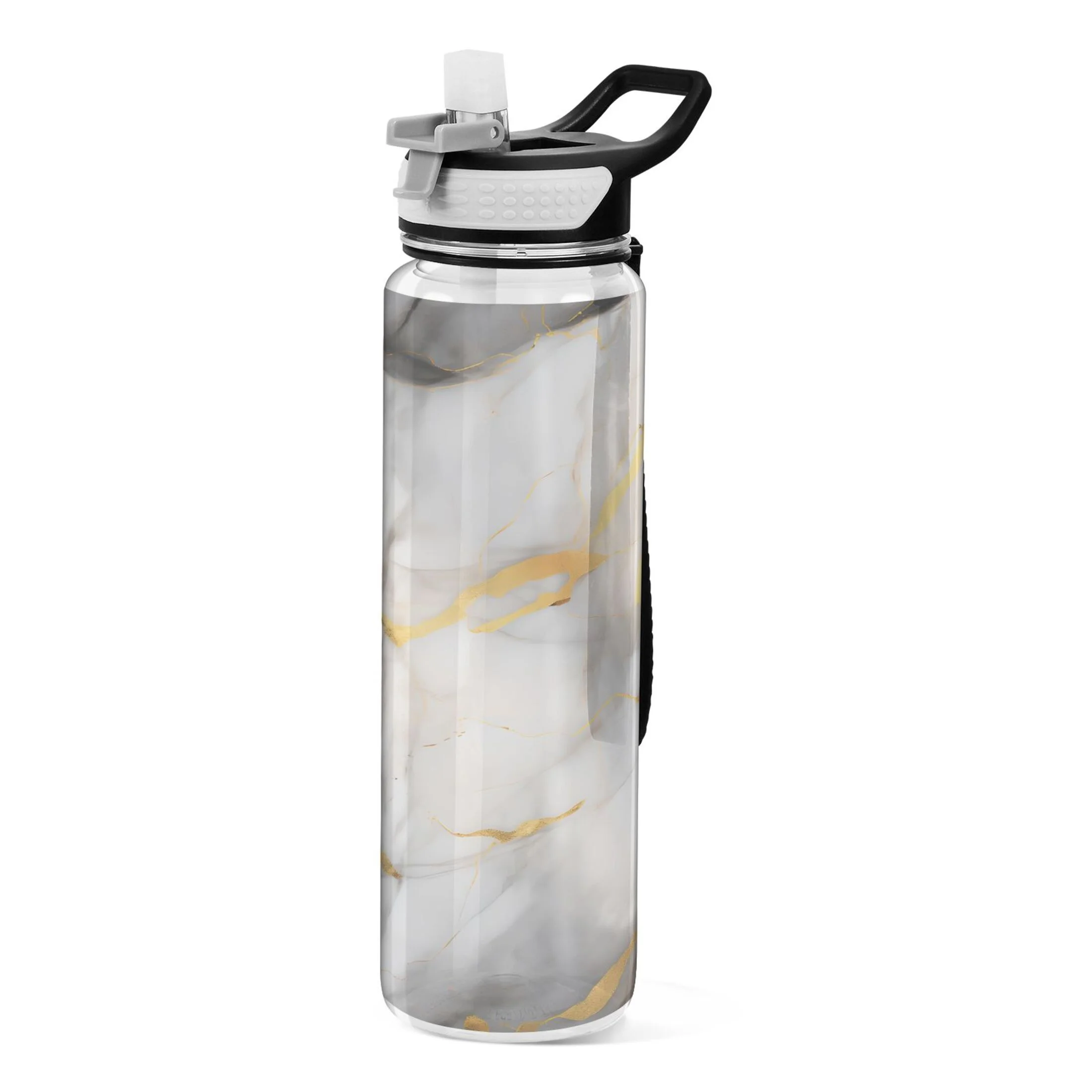Grey and Gold Marble 32oz Water Bottles with Straw Tritan Leakproof Sports Bottle BPA Free Clear for Fitness Gym Swimming Cycling