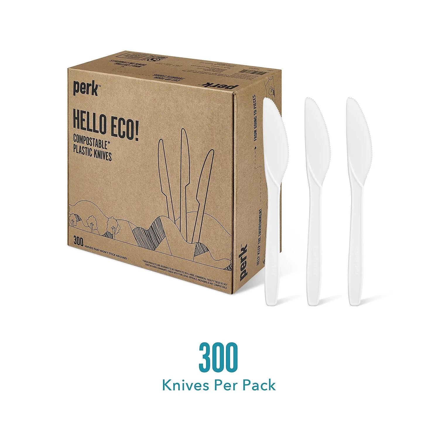 Perk Eco-ID Compostable Cutlery, Knife, White, 300/Pack (PRK24394130)