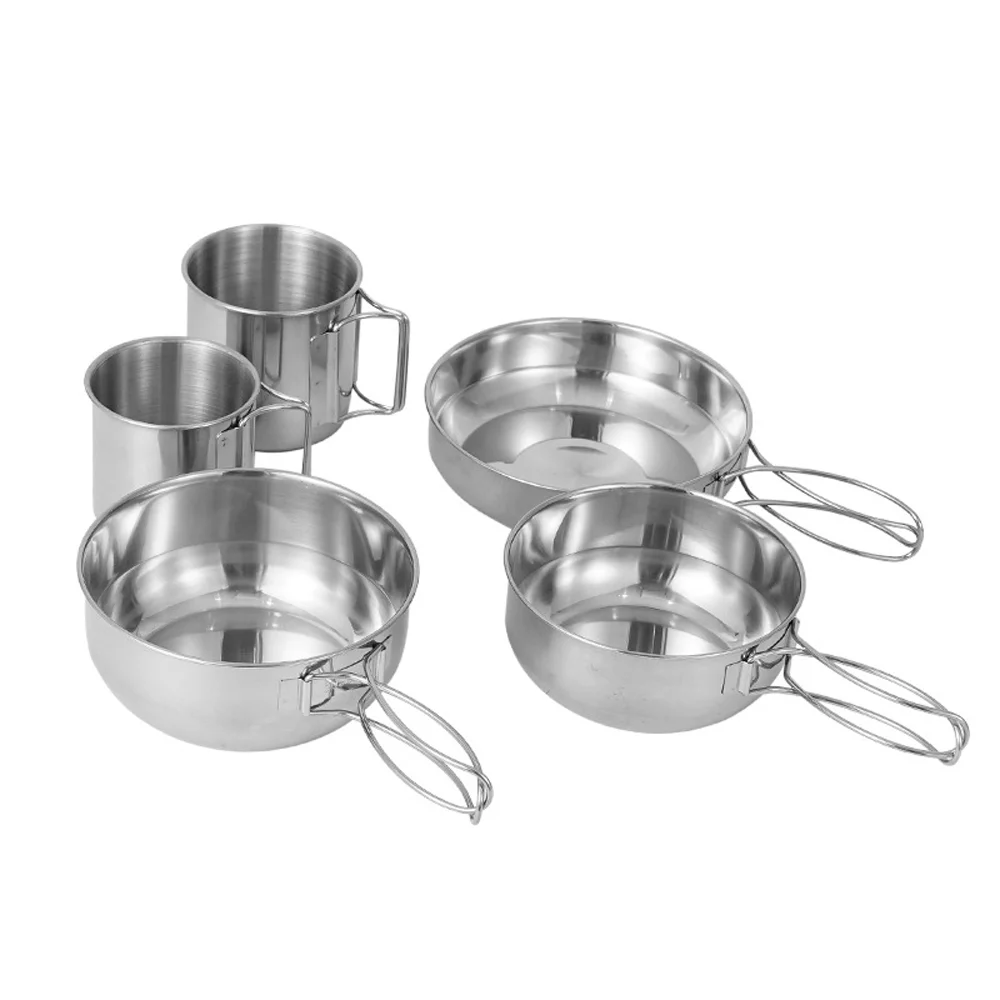 Apexeon Camping Cookware Set, Stainless Steel Travel Tableware, Portable Picnic Kit, 5pcs, Bowl Cups Pan Set