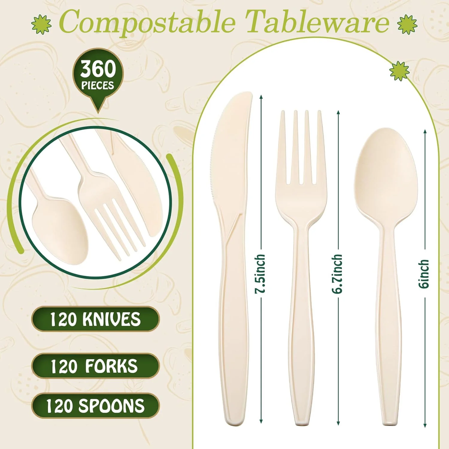 360 Packs Compostable Utensils, compostable 120 Forks 120 Spoons 120 Knives, Large Disposable Utensils Heavy-duty Eco Friendly Flatware Combo Set for Party Wedding BBQ Picnic Camping