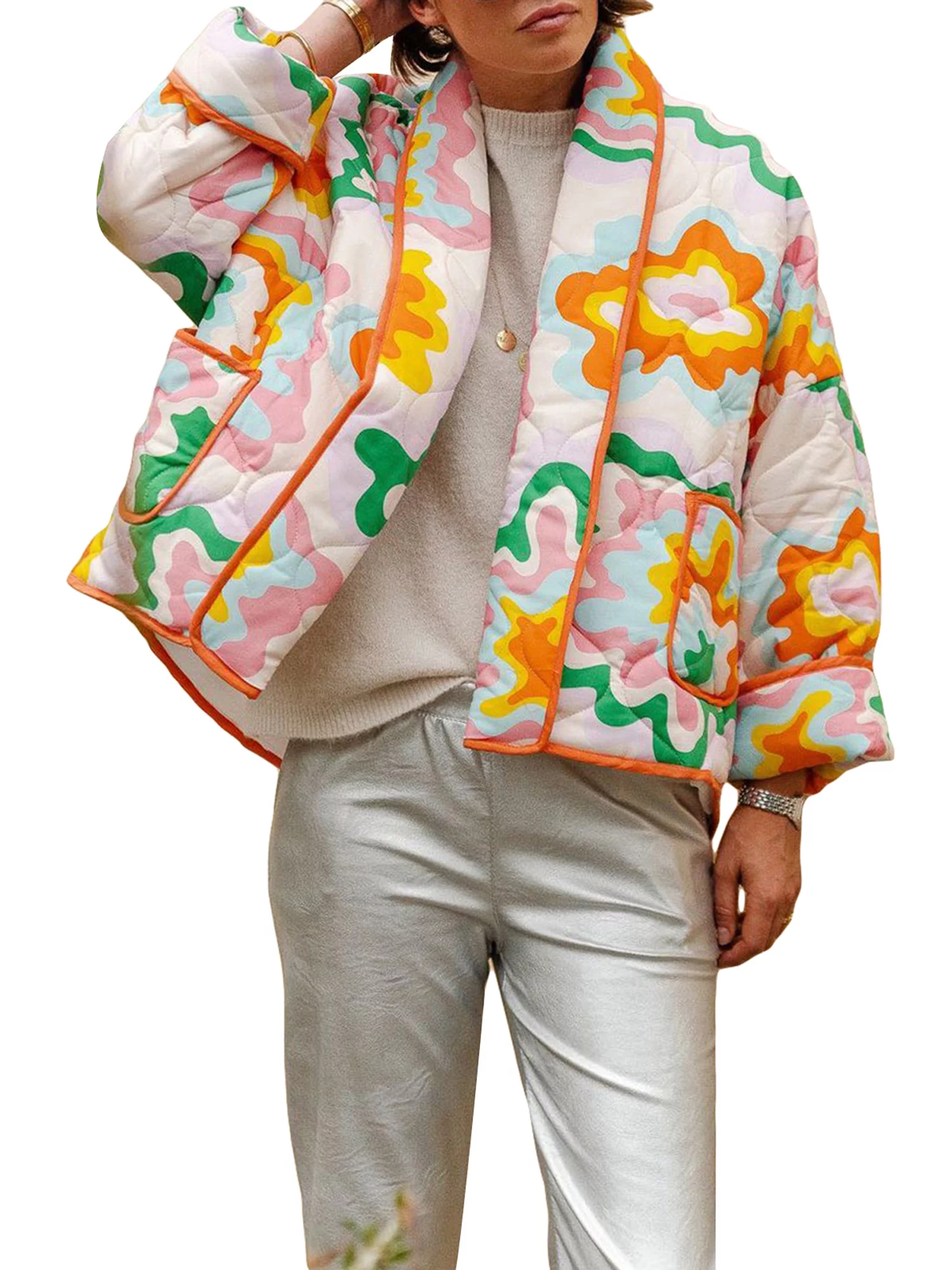 Sunisery Puffer Jacket Womens Winter Floral Baggy Zip Short Down Jacket Coats Lightweight Warm Quilted Jackets S/M/L