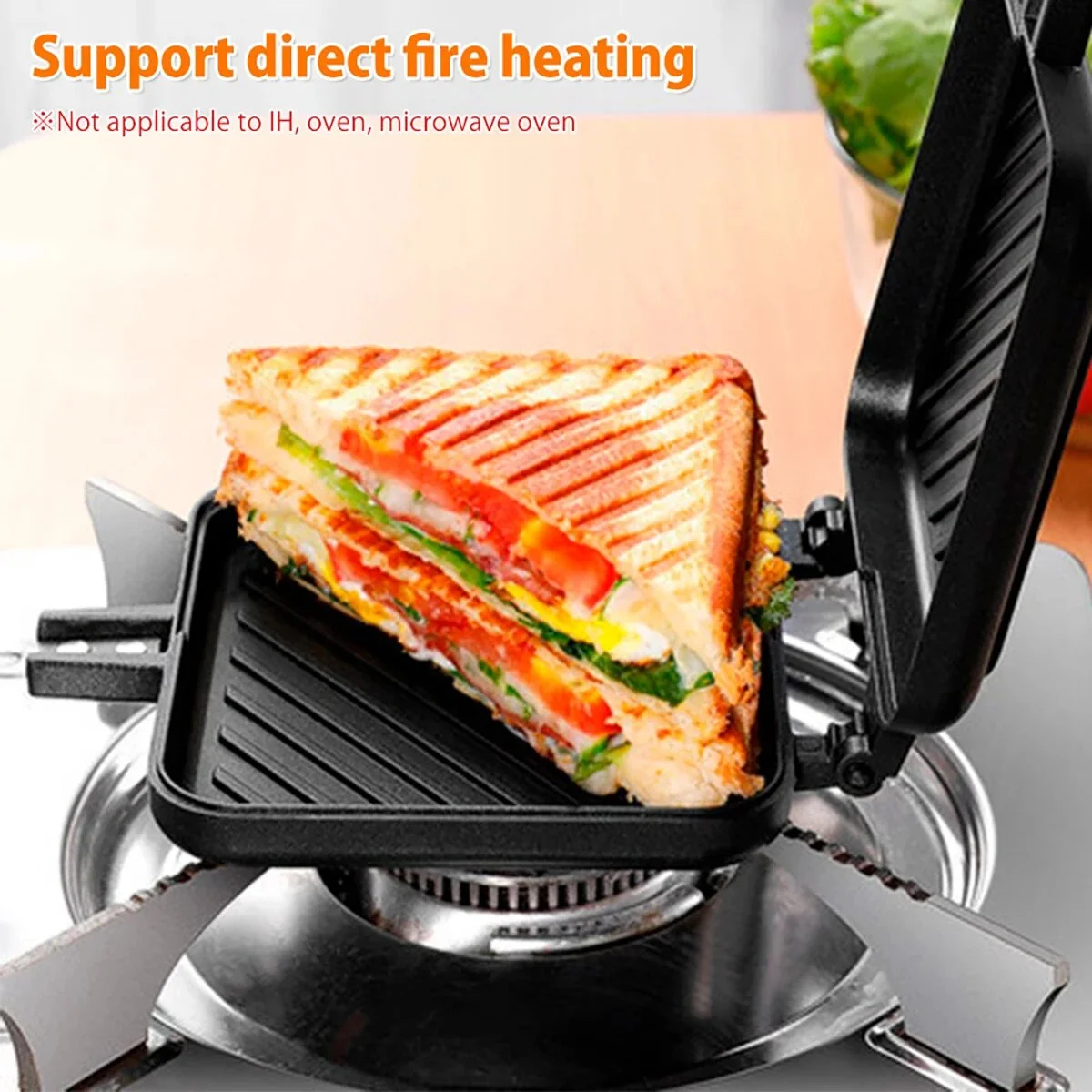Double Side Bread Frying Pan NonStick Barbecue Plate Multiple Purposes Sandwich Toaster Mold Heat-resistant Toastie Waffle Maker black