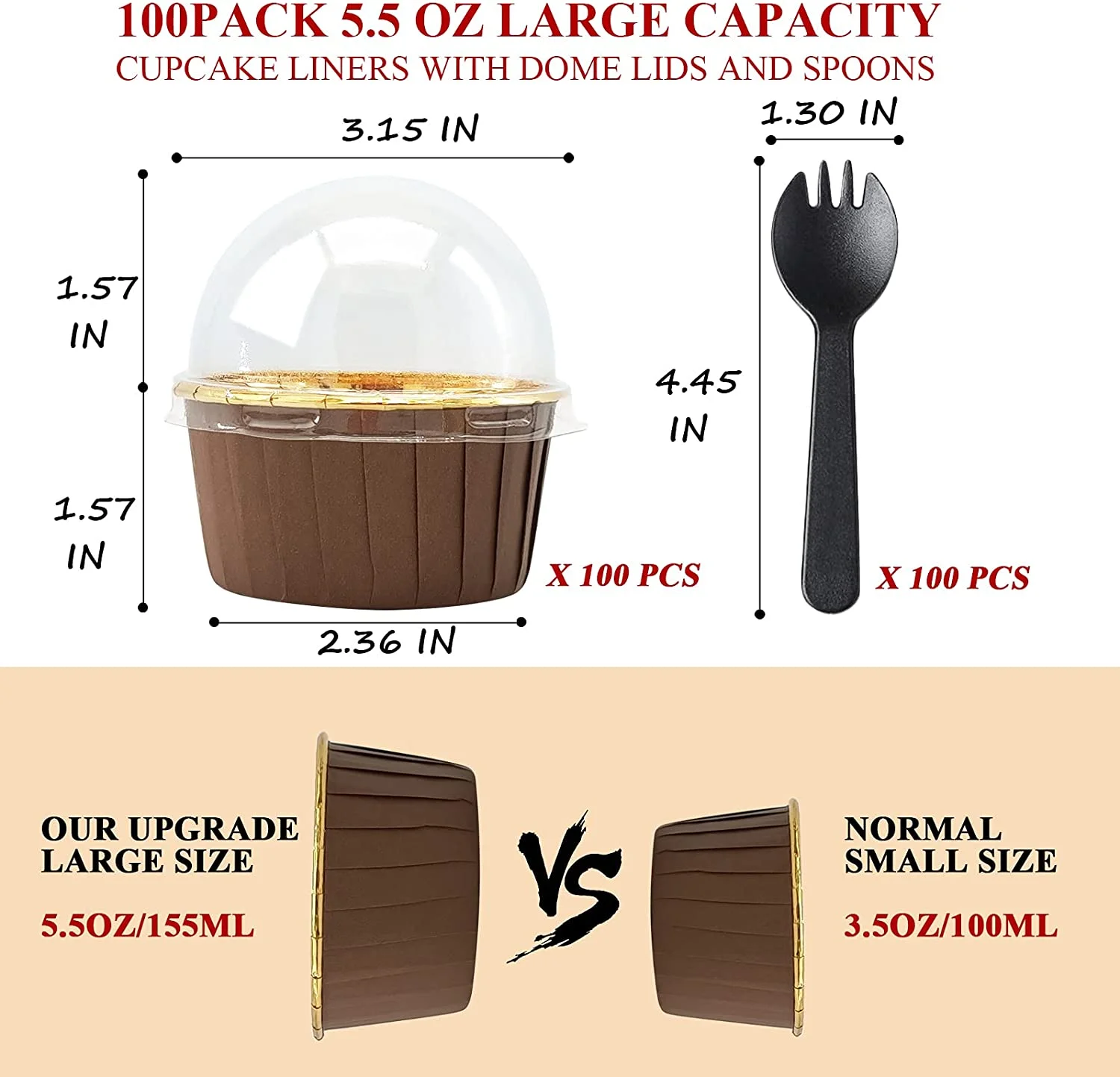 Foil Cupcake Liners with Dome Lids 100 Pack, 5.5 Oz Muffin Tin Muffin Cups, Disposable Ramekins Cups Wrap Holders, Large Baking Cups Muffin Liners,with Gold Brown Spoons