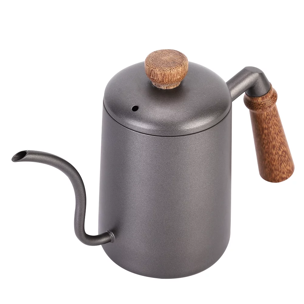 600ml Large Capacity Stainless Steel Retro Hand Coffee Water Tea Narrow Mouth Pot Extended Water Outlet with Wooden Handle
