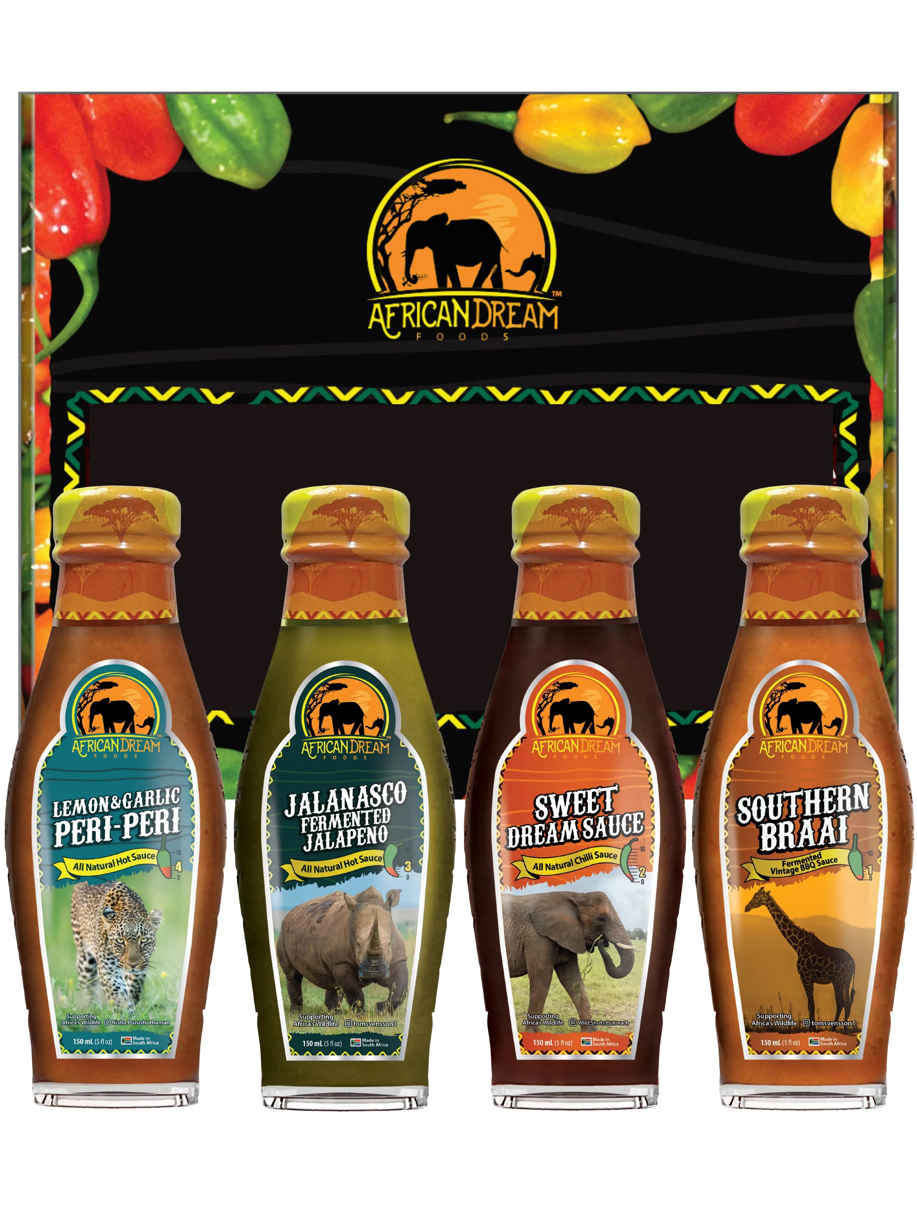 African Dream Foods Mildest Hot Sauce Gift Pack - Southern Braai - BBQ Sauce, Sweet Dream, Jalanasco - Fermented Jalapeno, Lemon & Garlic Peri-Peri | 5fl oz Bottles, 4PK