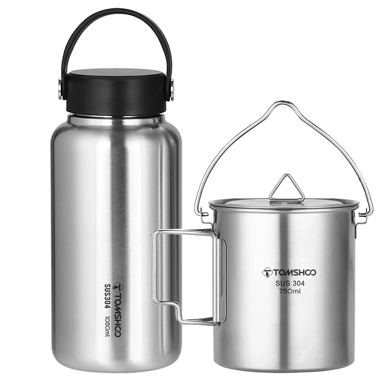 TOMSHOO Steel Water Bottle 1050ml Leak Proof with 750ml Cup for Camping Hiking