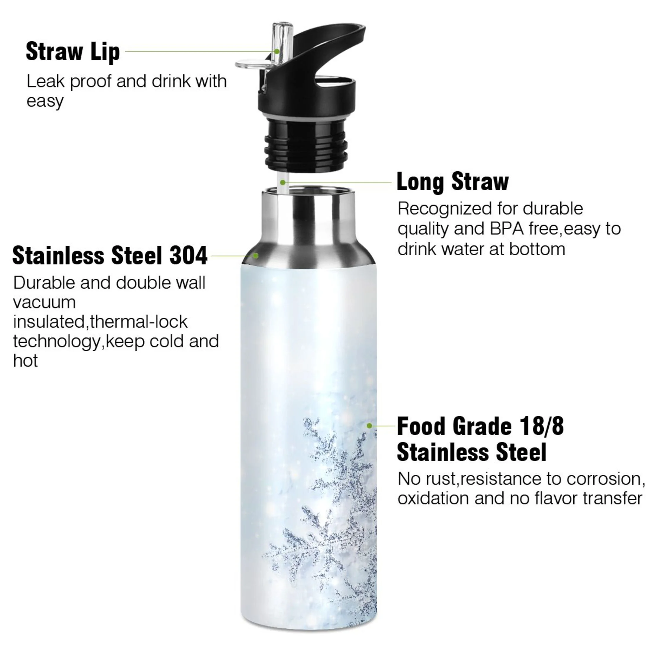Water Bottle with Straw Lid Leak Christmas Tree with Blue Stainless Steel Insulated Thermos Vacuum Flask for Cold Hot Drinking for Sports Camping Gym Yoga
