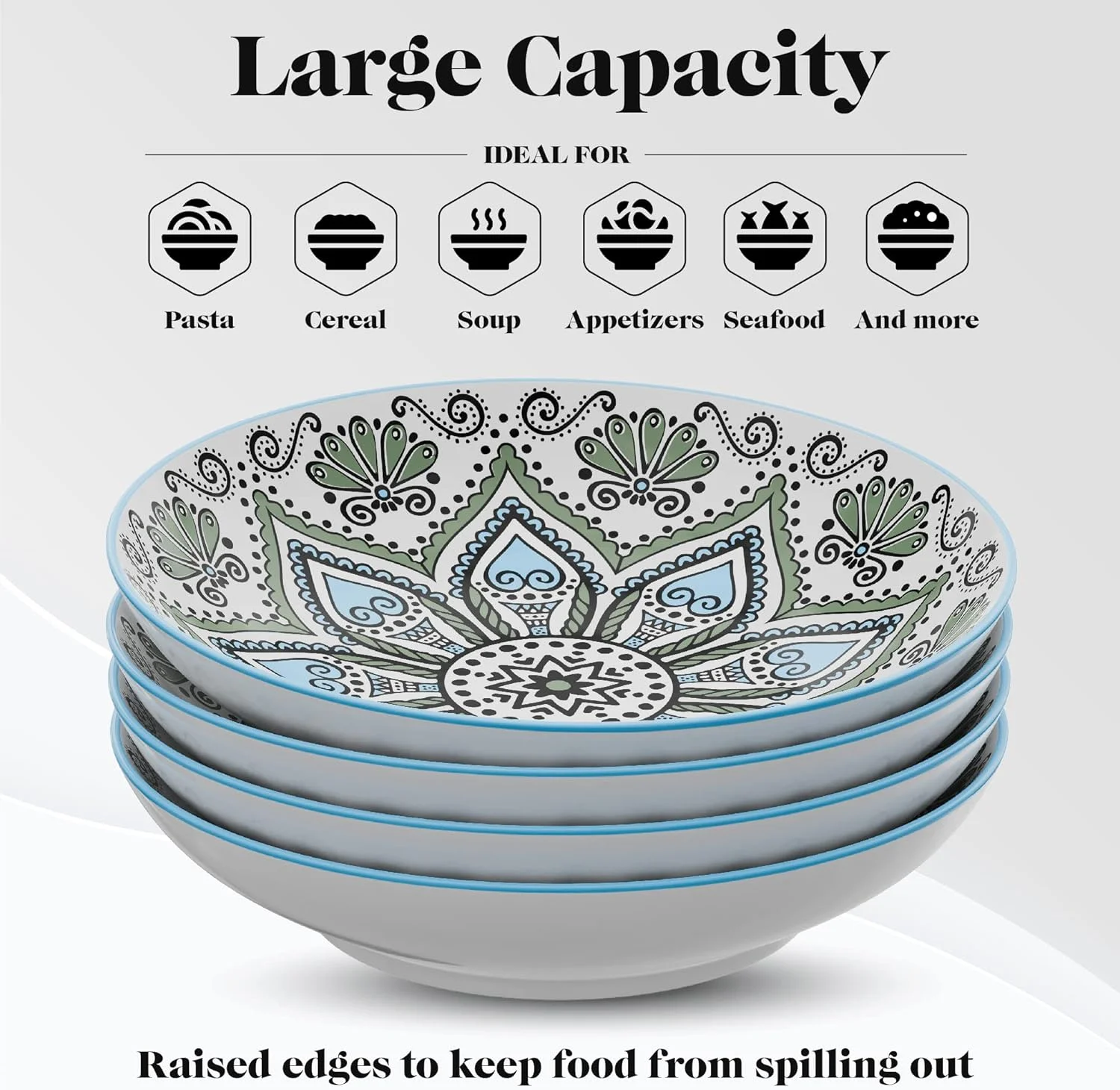 Pasa Bowls | Se Of 4 | Large, 9-Inch, Dinner Serving Plaes | Wide And Shallow Bowls Se For Pasa, Salad, Soup, Spaghei, Sews, Or Cereal | Medallion Moif (Blue & Whie)