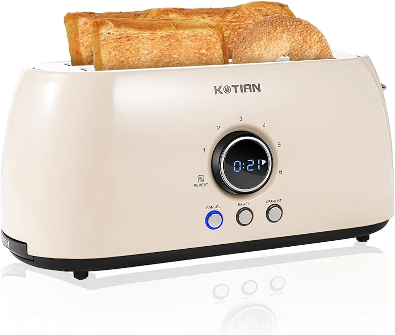 4 Slice, Retro Long Slot Toasters with Countdown Timer,Stainless Steel Toaster,Bagel,Defrost,Reheat,Cancel Functions,Extra Wide Slots,6 Toast Settings,Removable Crumbs Tray,Matte black