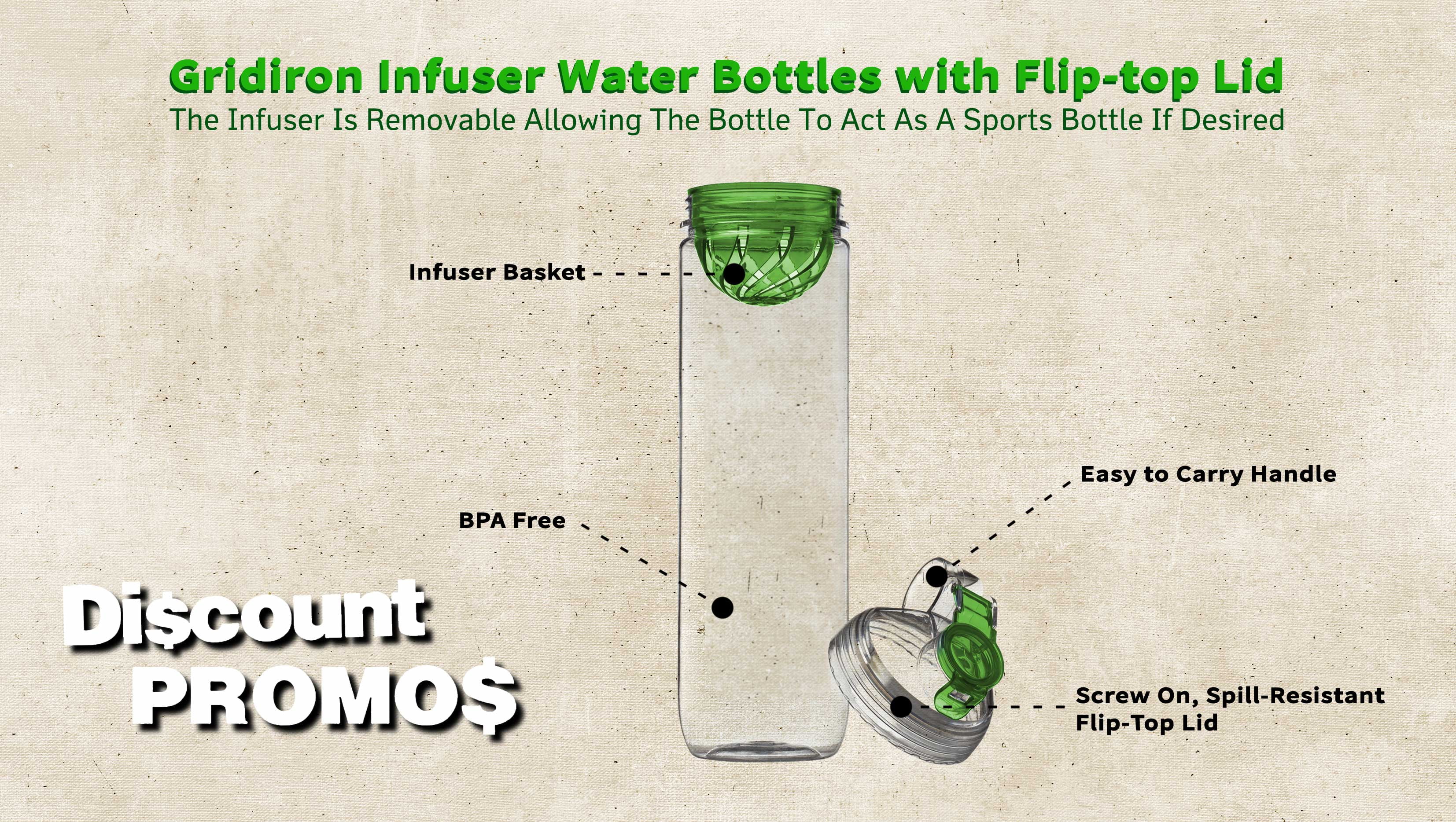 6 Gridiron Infuser Water Bottles Set, 27 oz. - Screw On, Flip-Top Lid, Spill-Resistant, BPA-Free - Lime Green