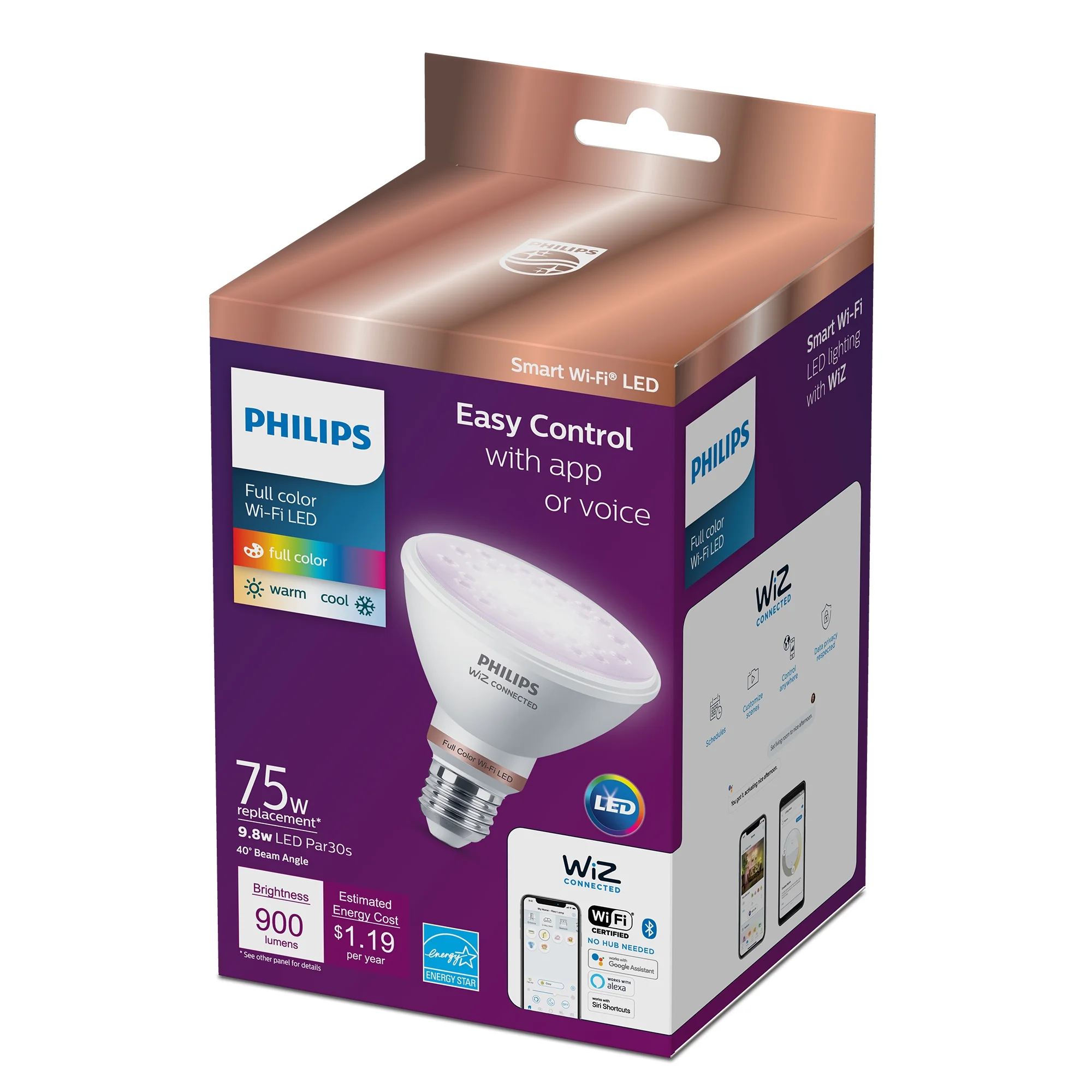 Philips Smart Wi-Fi Connected LED 75-Watt Equivalent PAR30S Light Bulb, Color, Dimmable, E26 Medium Base (1-Pack)