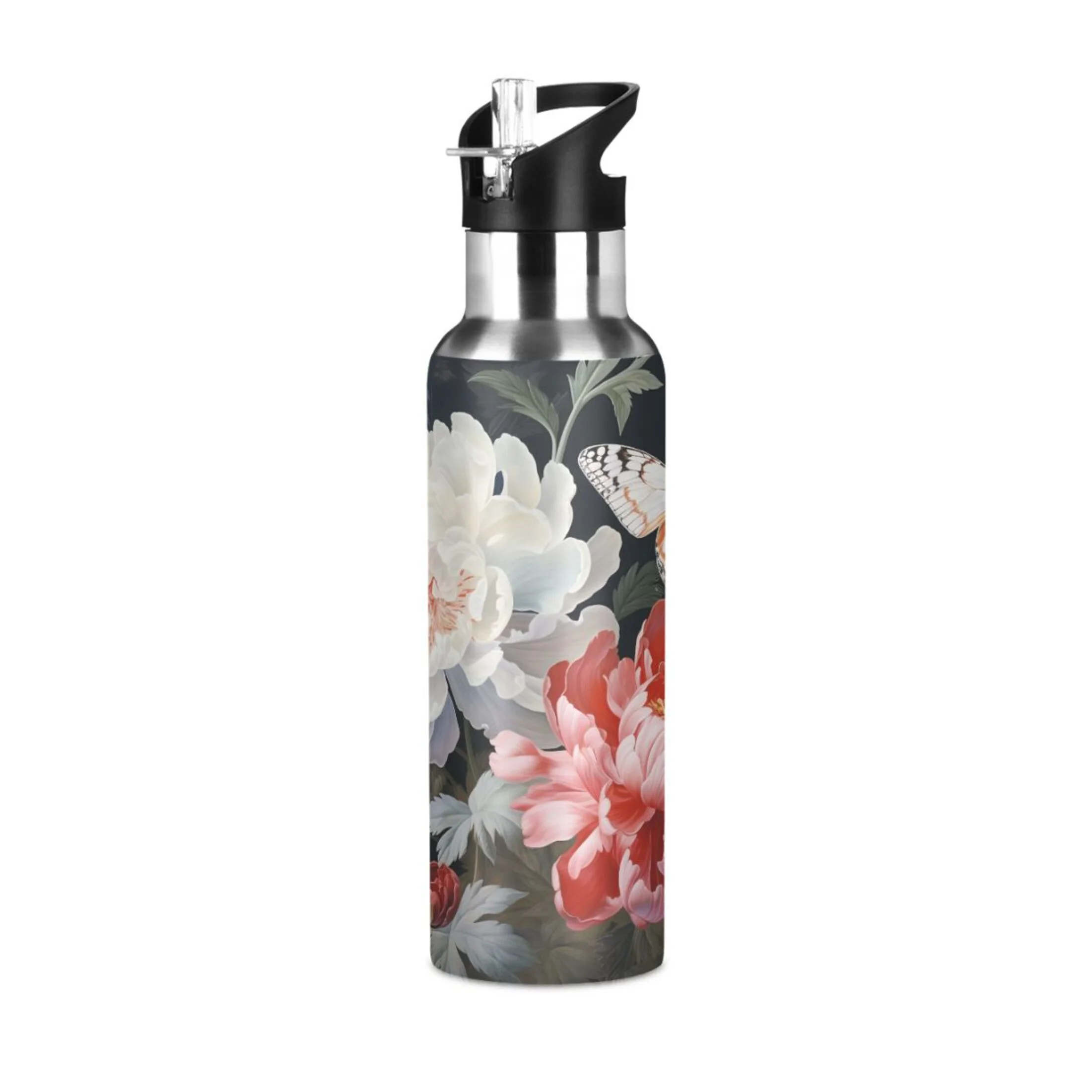 Water Bottle with Straw Lid Leak Butterflies and Flowers Stainless Steel Insulated Thermos Vacuum Flask for Cold Hot Drinking for Sports Camping Gym Yoga