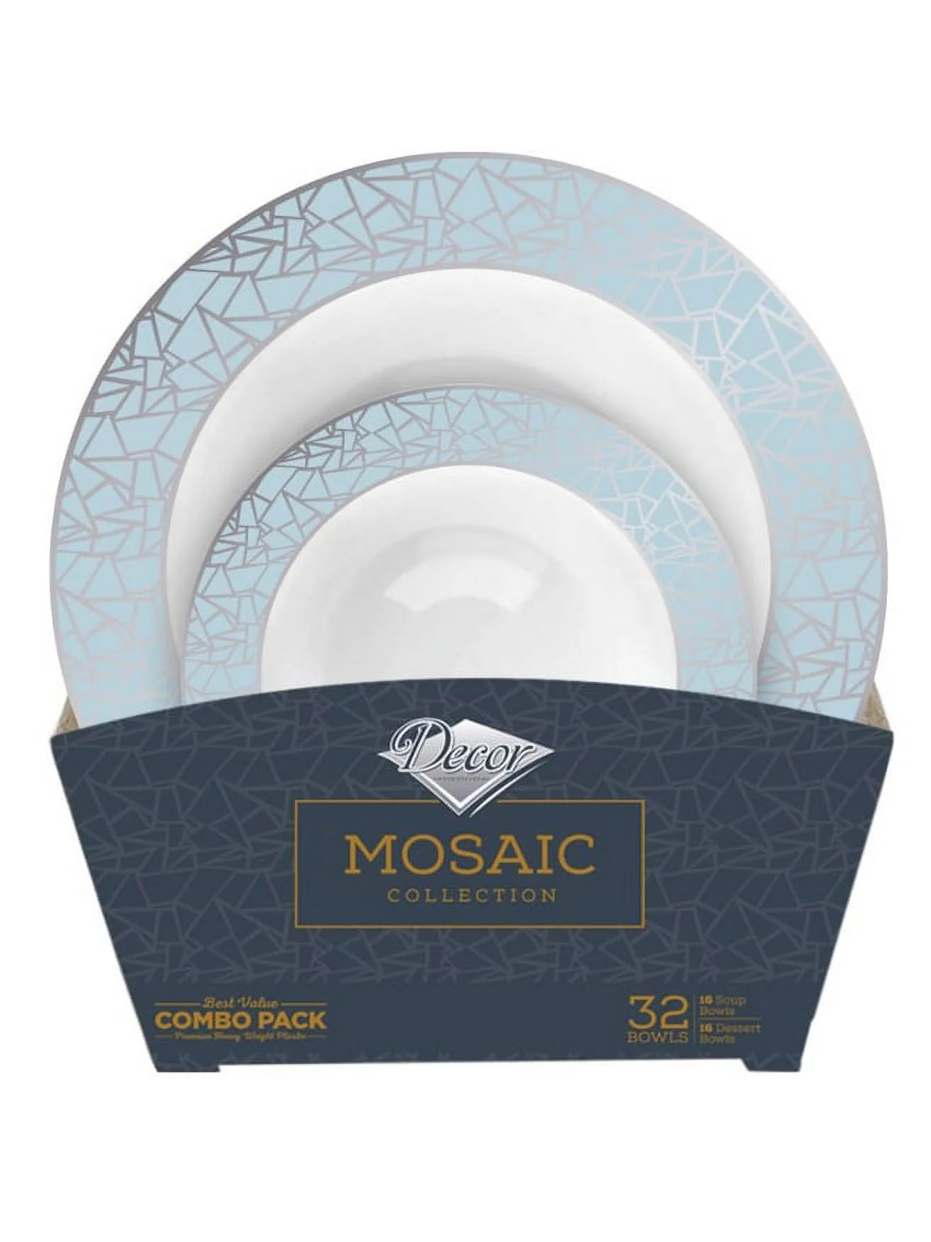 Mosaic Collection Tableware Set of 32 White Party Bowls w/Blue and Silver Border