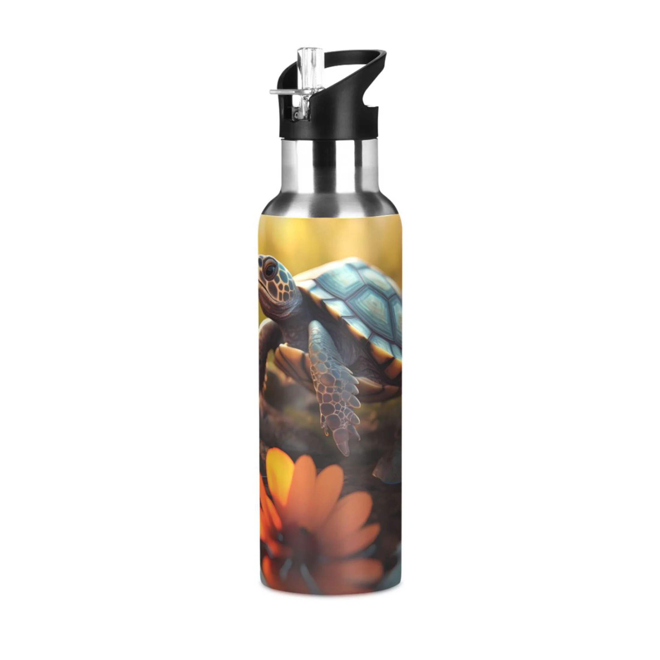 Turtle and Wild Flowers Water Bottles Insulated Thermos Kids Stainless Steel Bottle with Straw Lid Flask Leakproof for Sports Gym 20 oz