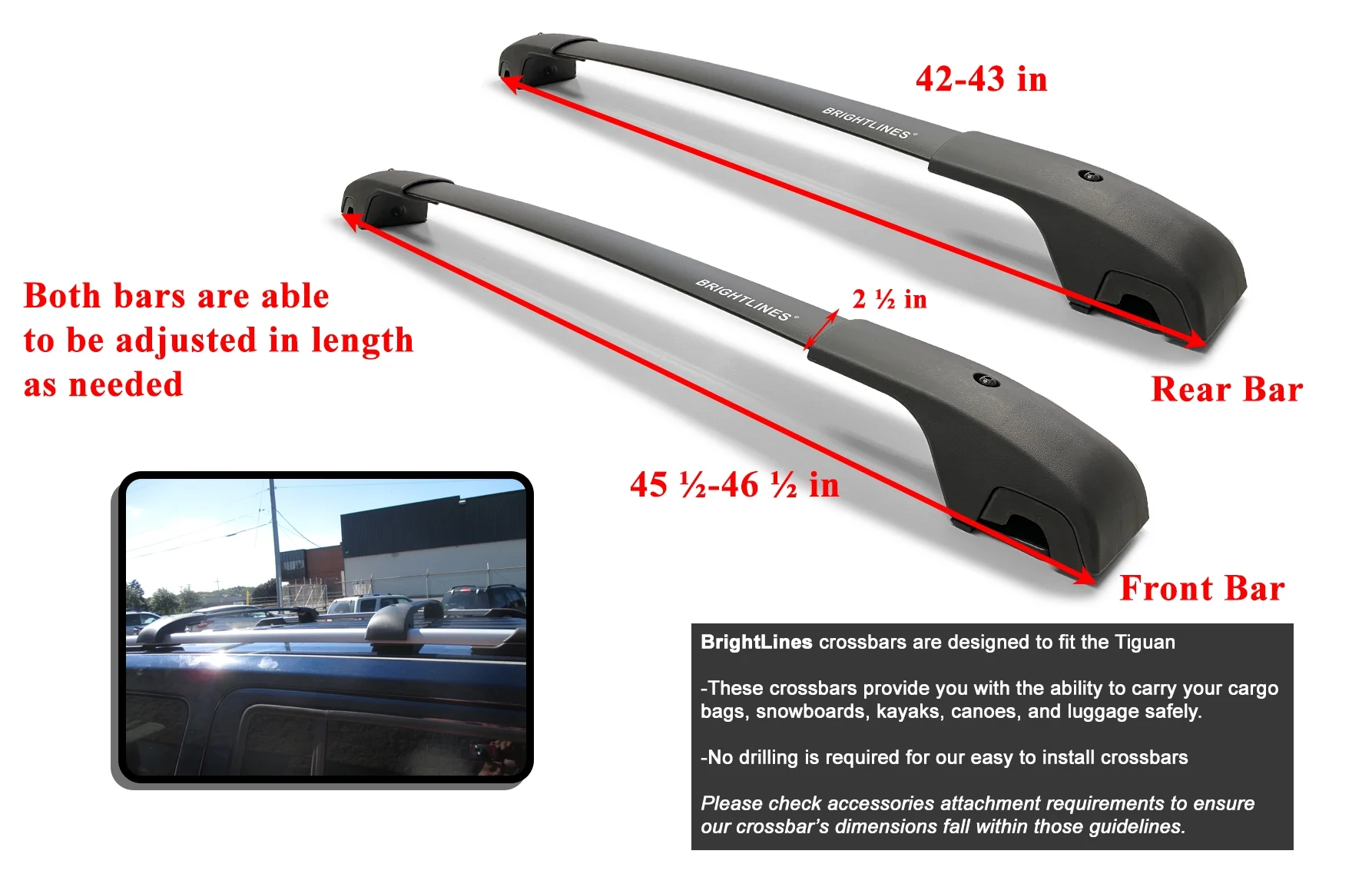 BrightLines Roof Rack Crossbars Compatible with Volkswagen Tiguan 2018-2024 and 2022-2024 Taos, Set of 2pcs, Black Aluminum Roof Top Cargo Rack