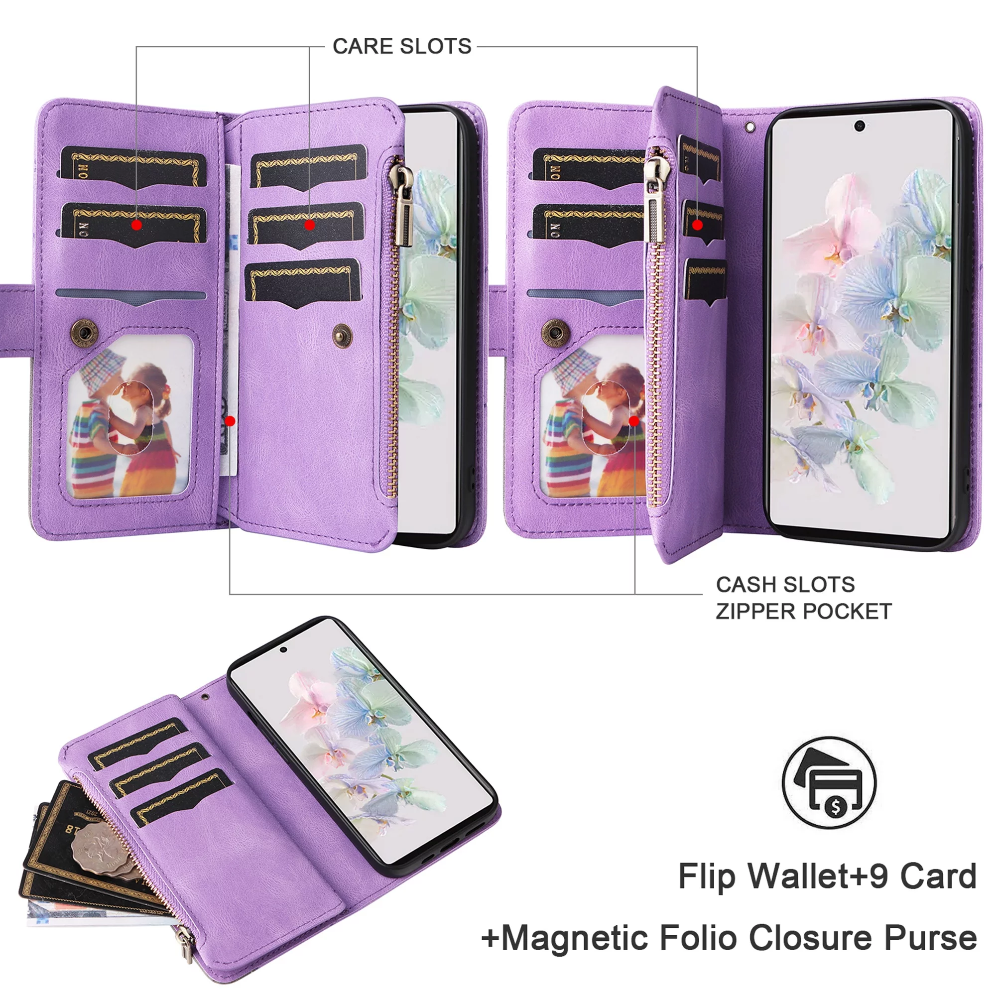 Dteck for Samsung Galaxy A15 Wallet Phone Case with 9 Card Holder Zipper Pocket, Magnetic Closure Premium Folio PU Leather Flip Case with Wrist Strap for Samsung Galaxy A15 5G,Purple