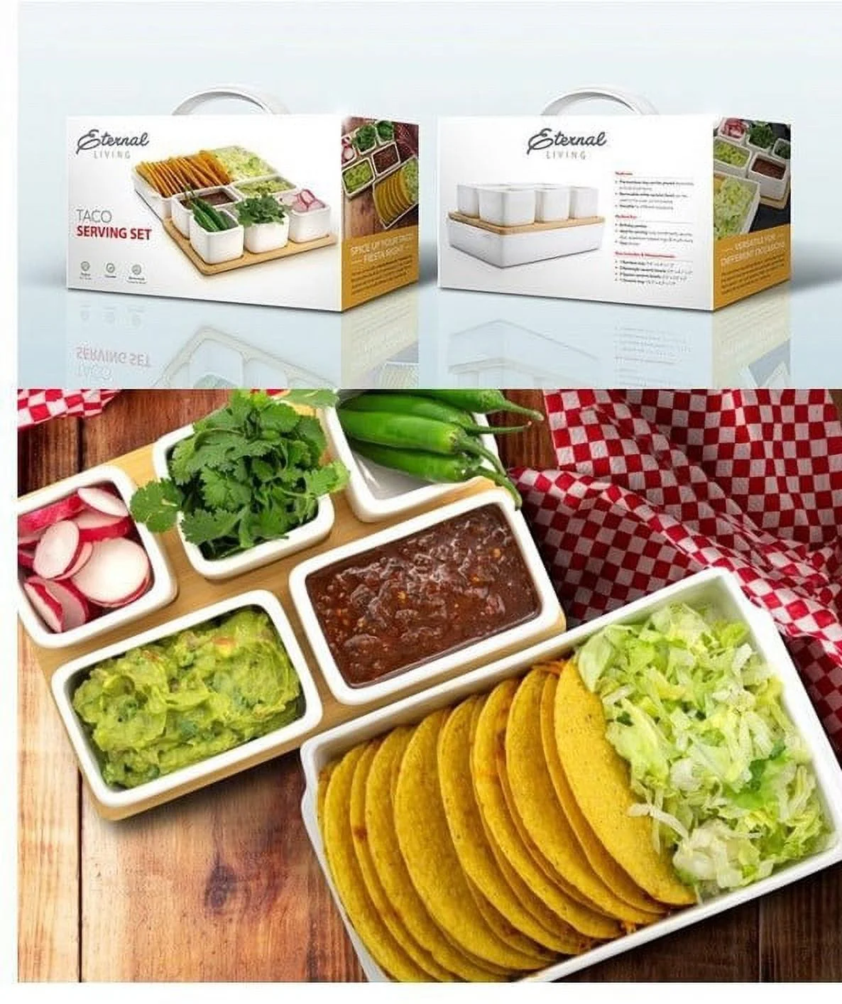 Ama Cucina Taco Serving Set – Ceramic Appetizer Serving Tray, Dip Condiment Topping Dishes with Bamboo Tray – 7 Pieces – Great for Taco Tuesday, Party, Game Night