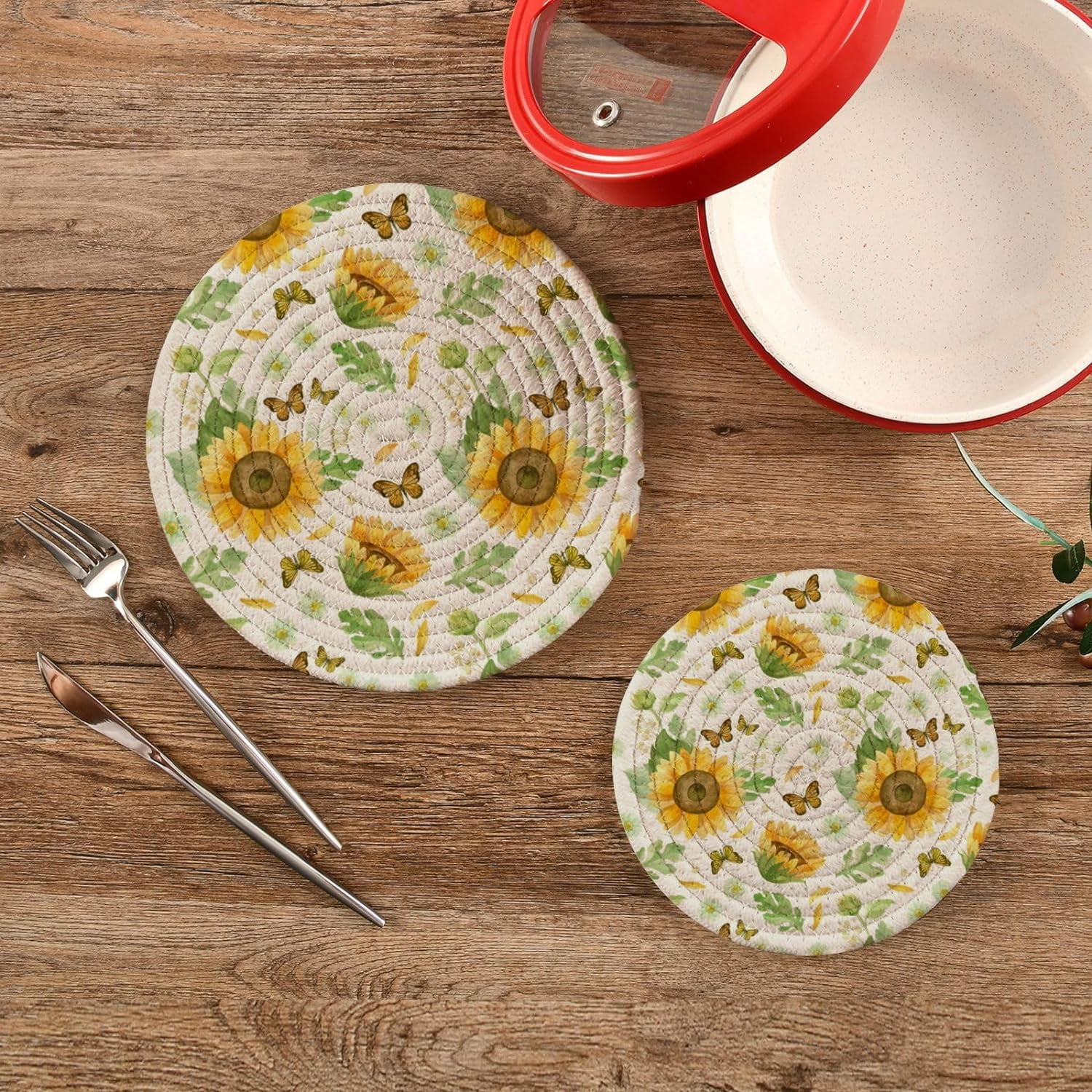 SKYSONIC Pot Holders Trivets set, 2 Pcs,Sunflowers White Roses Potholders for Kitchen Thread Weave Trivets for Hot Dishes/Pot/Bowl/Teapot/Hot Pot Holders