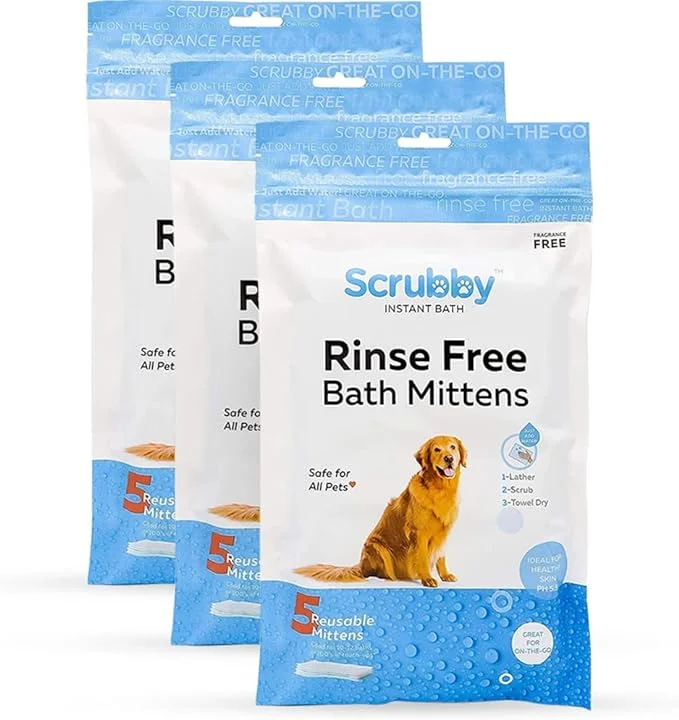Scrubby Pet No Rinse Pet Wipes, Rinse Free Shampoo Mittens for Dogs and Cats, Bath Wipes for Bathing and Washing Pets, Hypoallergenic No Rinse Wash Mitt for Grooming, Lather Wipe Dry - 15 Pack