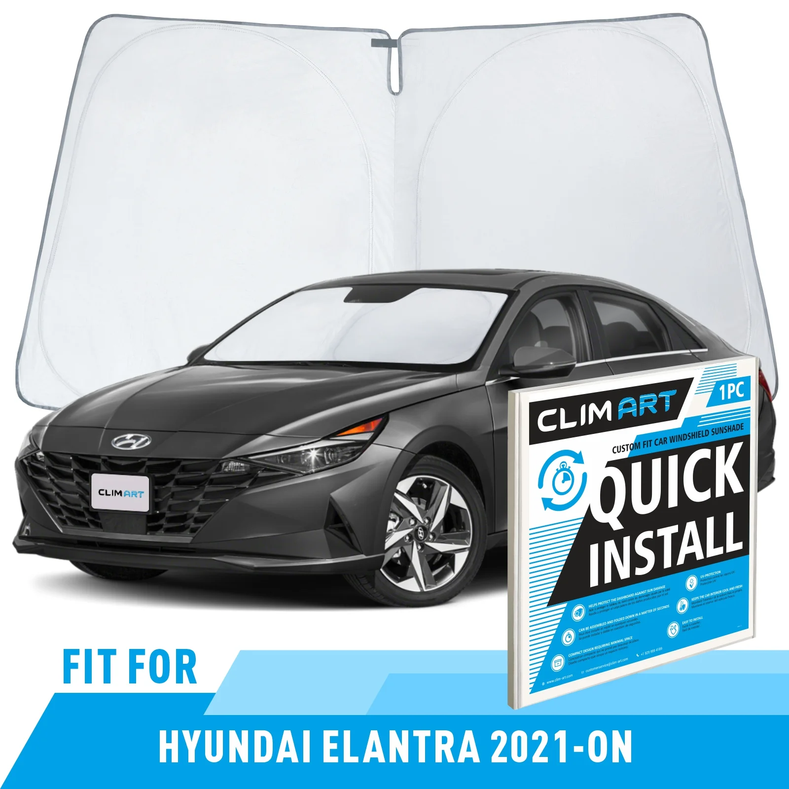CLIM ART Windshield Sun Shade for Hyundai Elantra 2021-2024 - Custom-Fit Foldable Car Sun Shade - Car Sunshade - Vehicle Sun Protector - Front Auto Windshield Cover, Car Windshield - WS4002