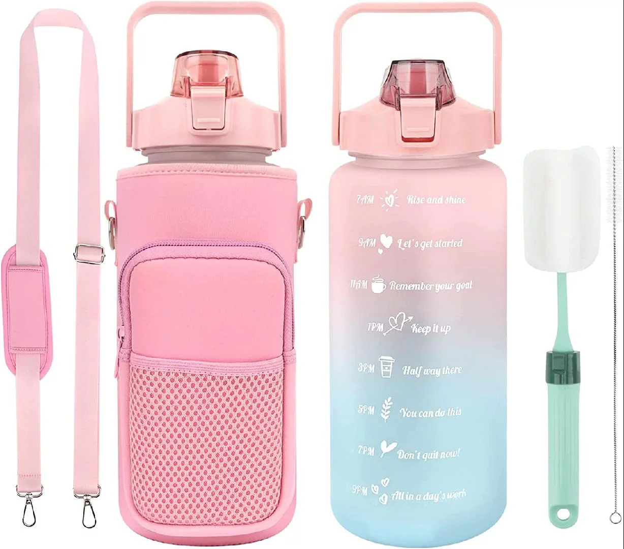 64 OZ Water Bottle with Sleeve Motivational Half Gallon Water Bottles with Time Marker and Straw BPA Free Water Jug for Gym Office Working