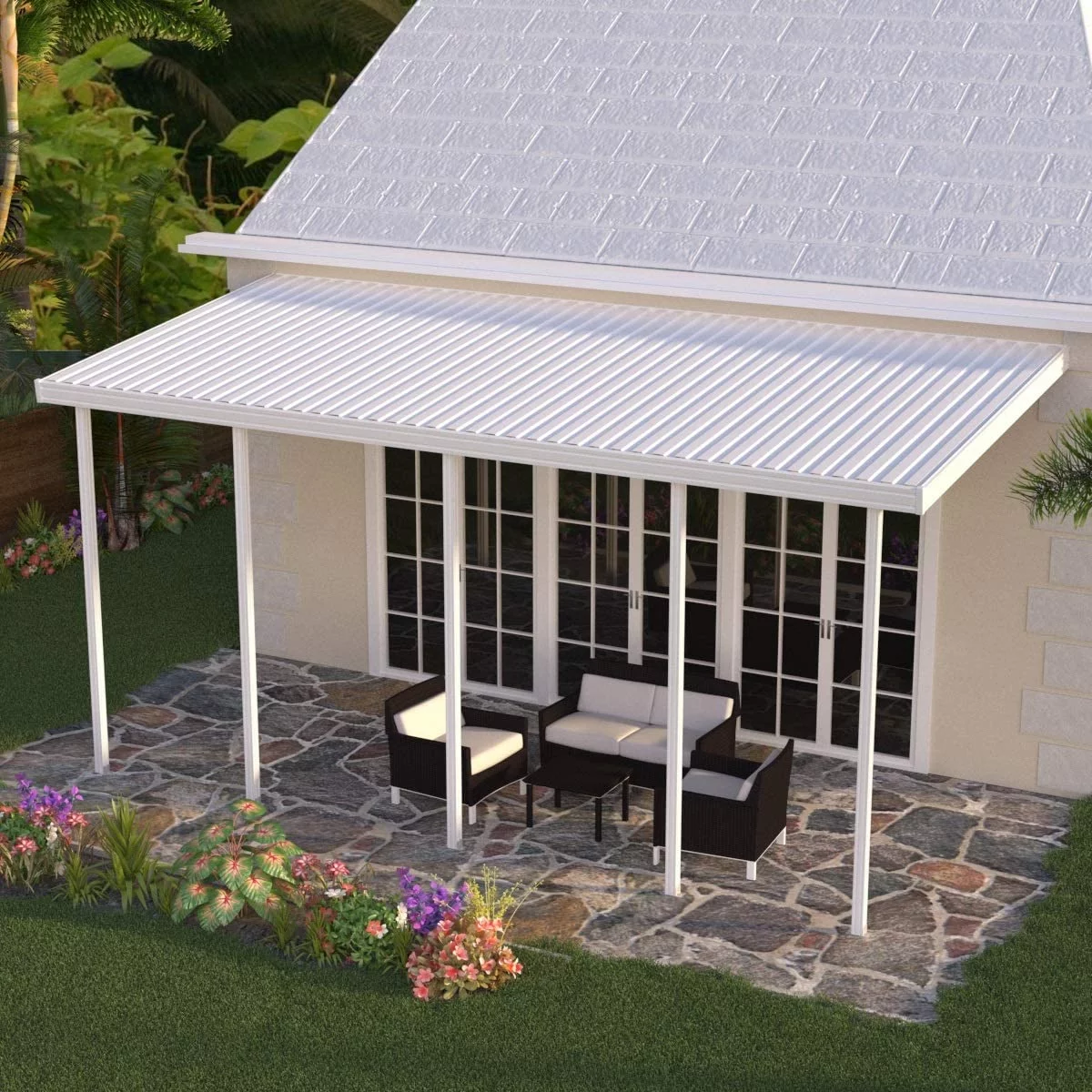 Four Seasons OLS TWV Series 28 ft wide x 12 ft deep Aluminum Patio Cover with 10lb Snowload & 5 Posts in White