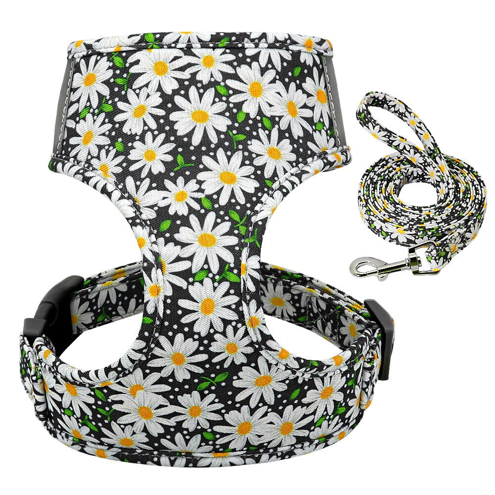 Floral Small Dog Harness and Leash Set Reflective Pet Cat Walking Vest Harnesses