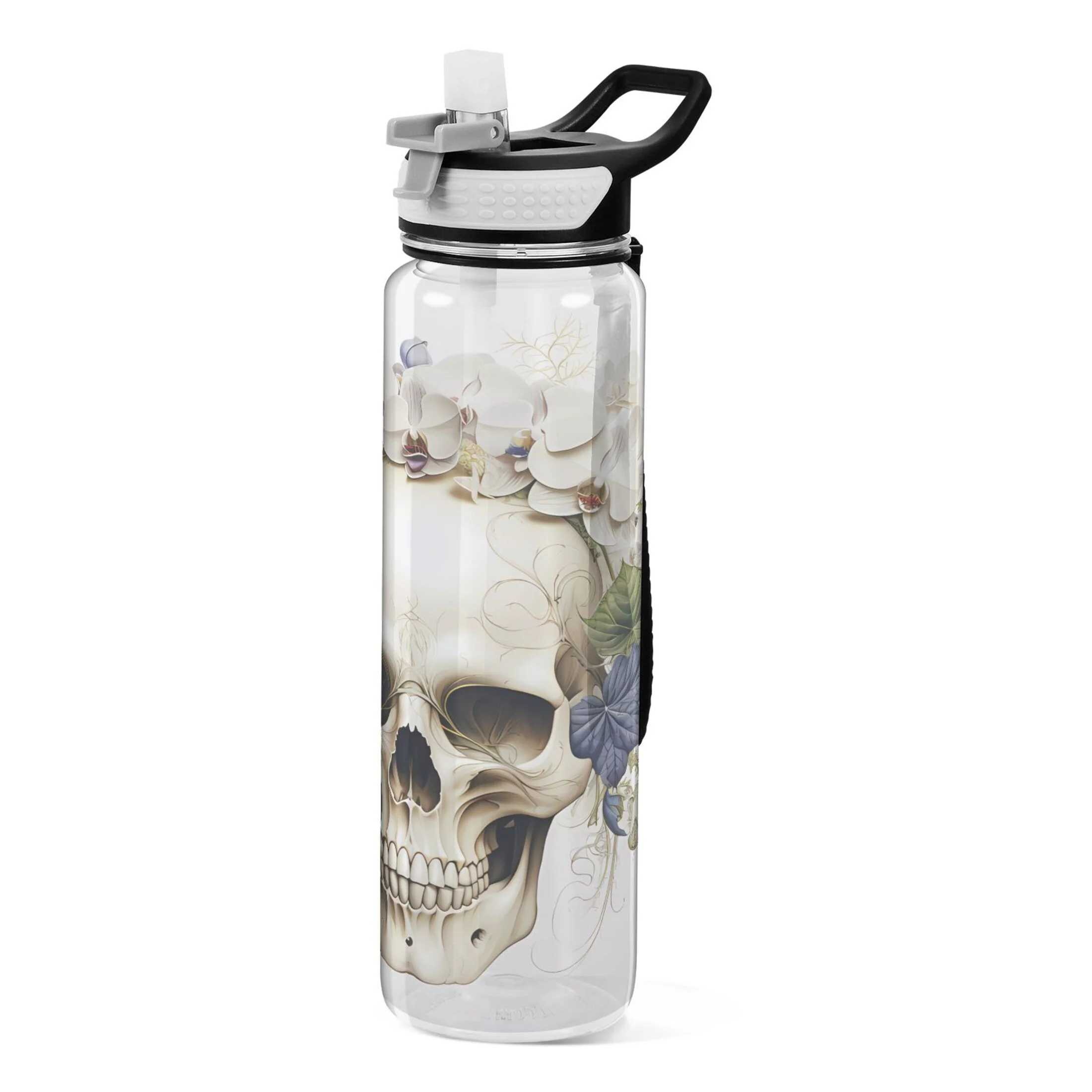 Flowers on Skeleton Skull 32oz Water Bottles with Straw Tritan Leakproof Sports Bottle BPA Free Clear for Fitness Gym Swimming Cycling