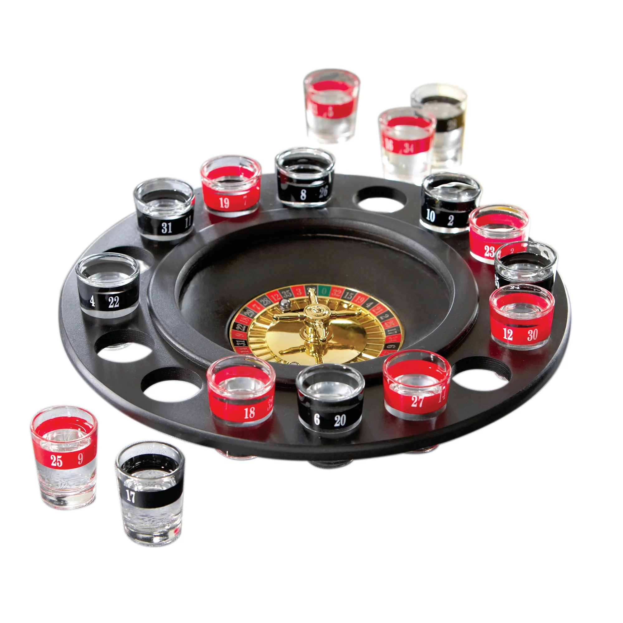 Game Night, Round, Shot Glass Roulette Drinking Game Set - 16 Shot Glasses, 2 Balls, 11.75