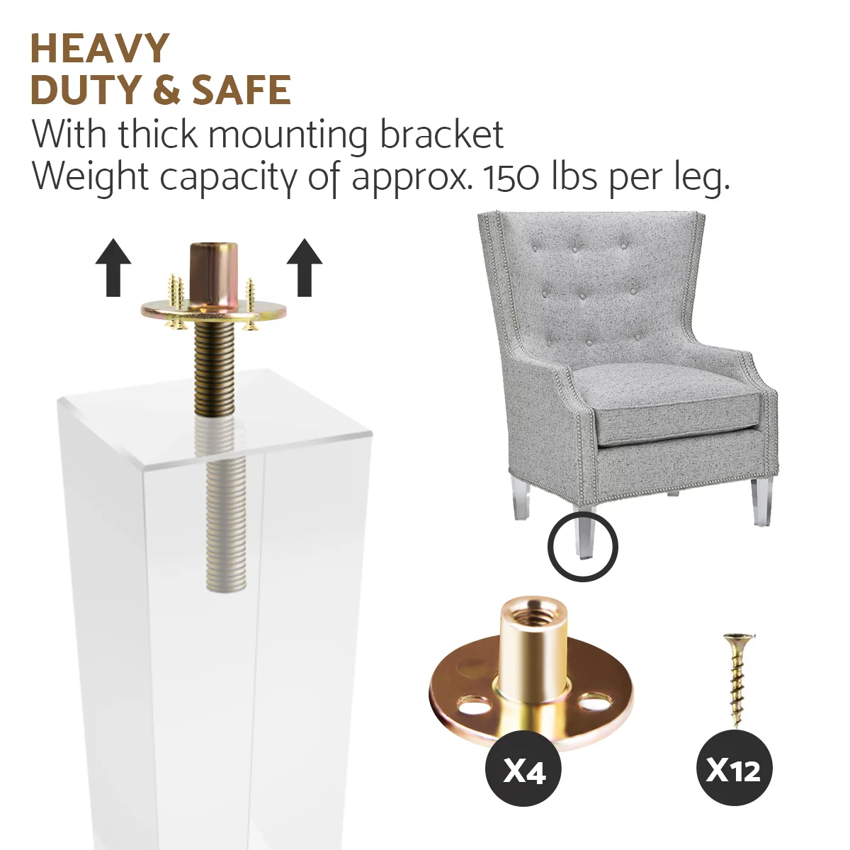 4 inch / 10cm Acrylic Furniture Legs, LAVANE 4PCS Pyramid Clear Glass Replacement Furniture Feet with Pre-Drilled M8 Bolt & Mounting Plate & Screws for DIY Bookcase Table Cabinet Couch Sofa Dresser