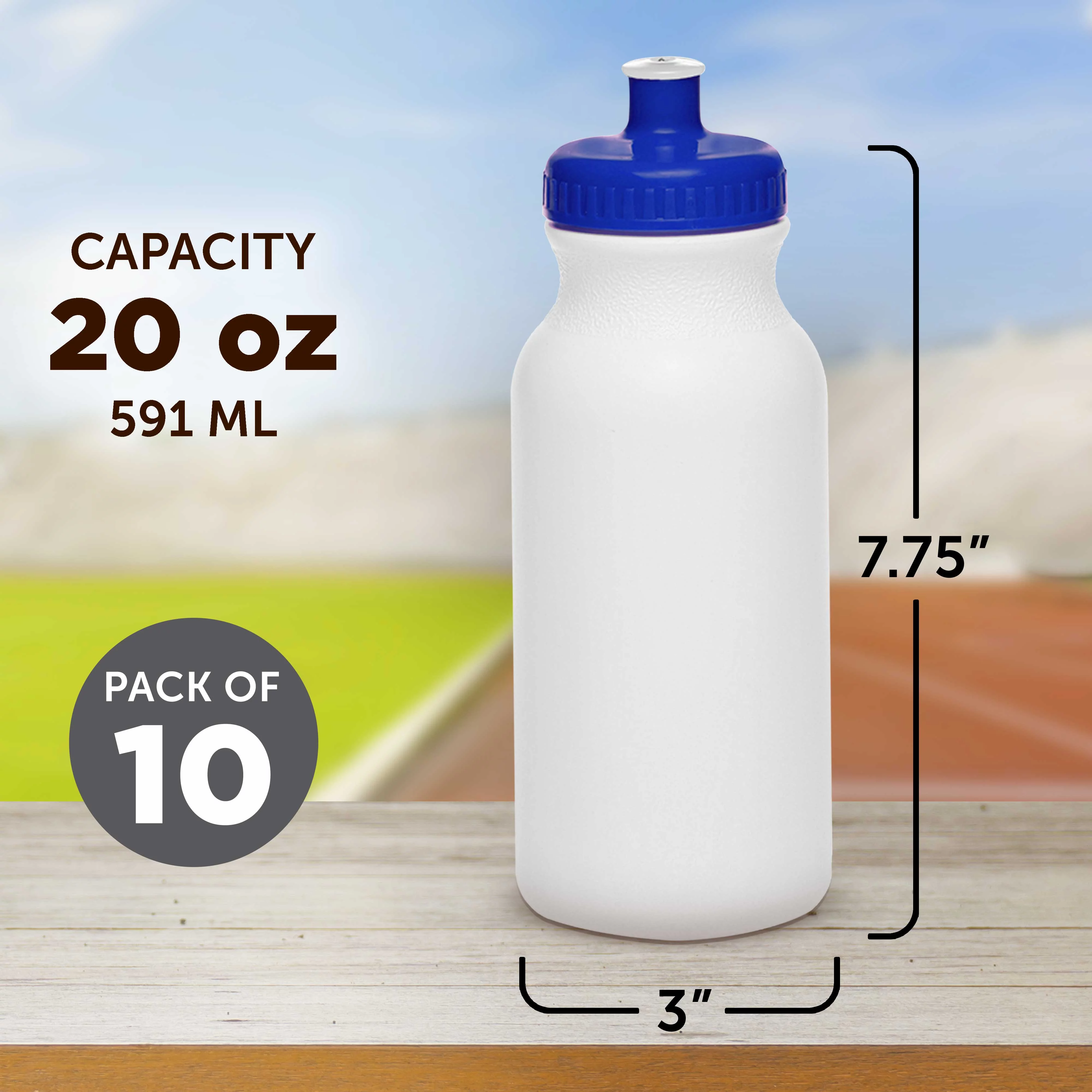 White Water Bottles with Push Cap 20 oz. Set of 10, Bulk Pack - Reusable, Squeezable Bottles - White Blue