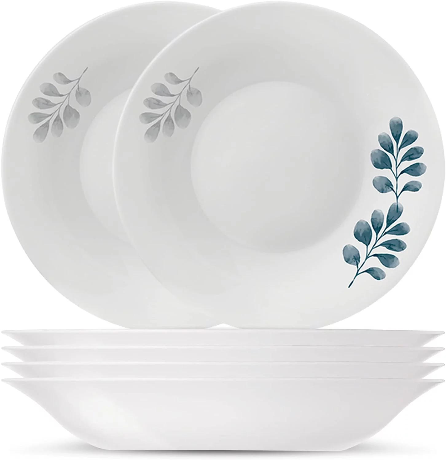 Bormioli Rocco Set Of 6, White Moon Botanica Blue 9 Inch Pasta Bowls Tempered Opal Glass Dishes, Made In Spain