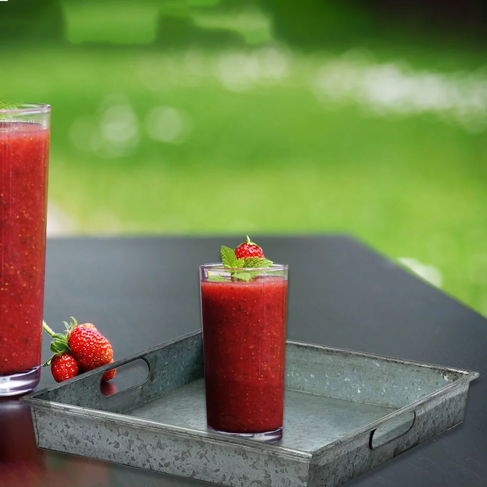 Benzara Square Galvanized Metal Tray With Handle Gray- Saltoro Sherpi