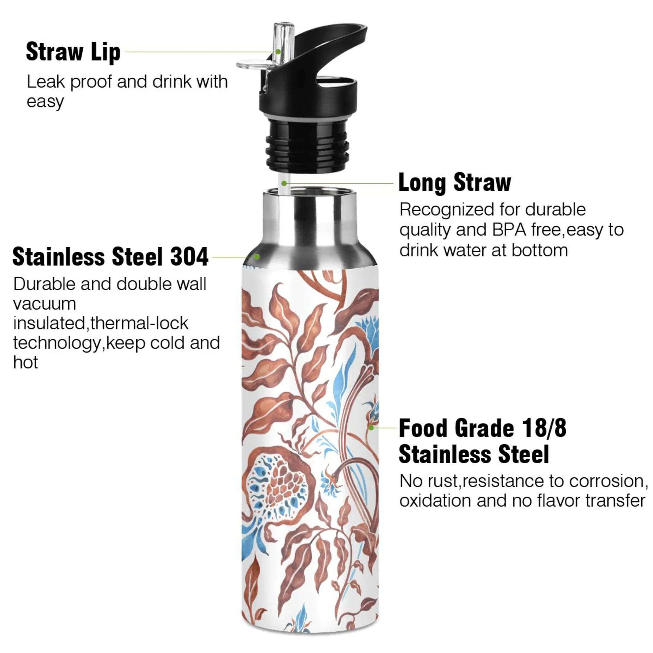 Water Bottle with Straw Lid Leak Abstract Flowers Retro Floral Stainless Steel Insulated Thermos Vacuum Flask for Cold Hot Drinking for Sports Camping Gym Yoga