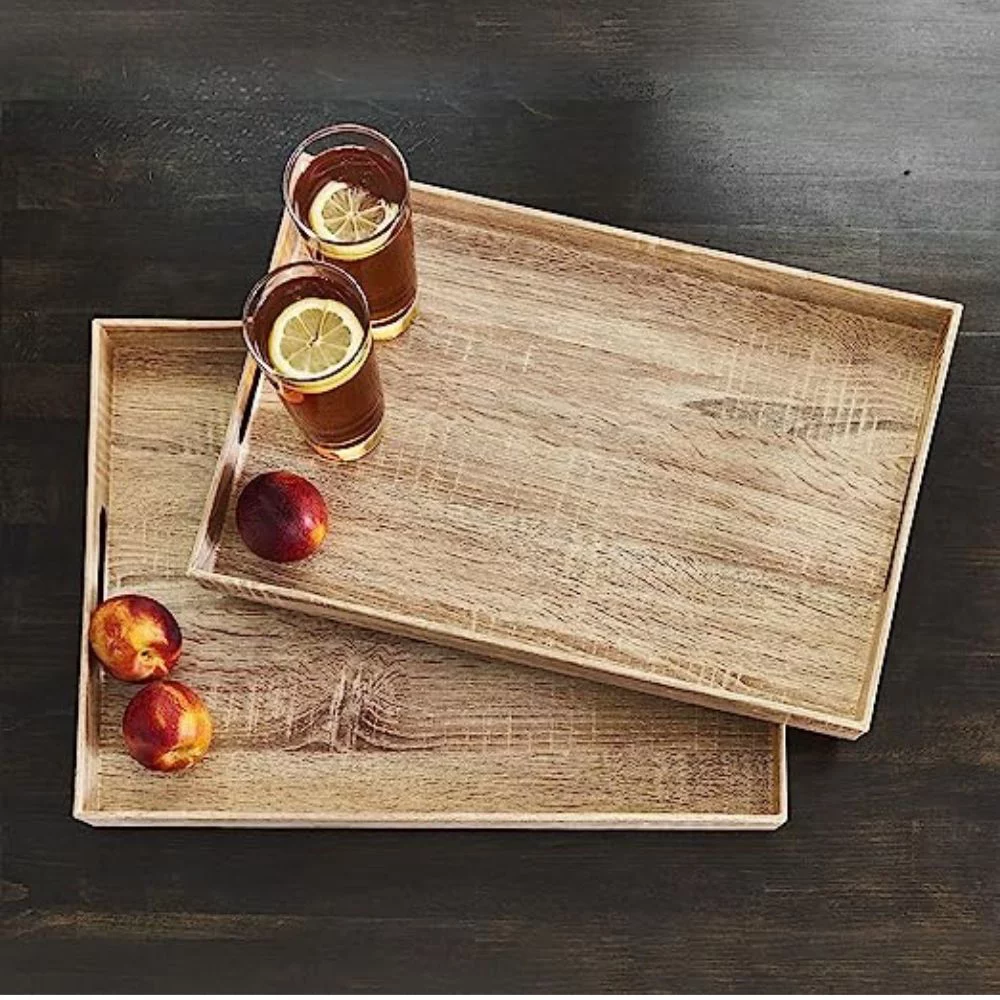 American Atelier, Maple Wood Finish, Polypropylene Rectangular Serving Tray with Handles, Set of 2