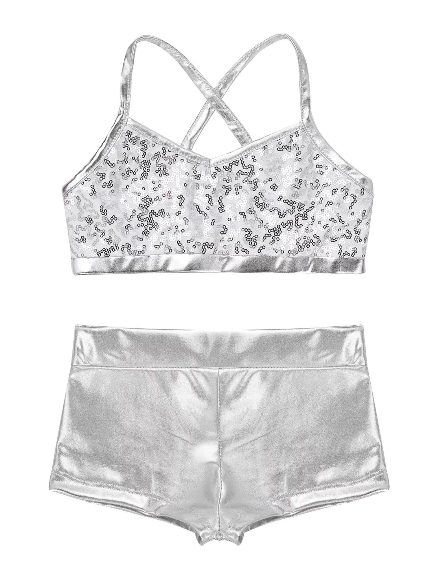 iEFiEL Kids Girls Sequins 2Pcs Ballet Dance Outfit Crop Top with Metallic Bottoms Set Silver 8