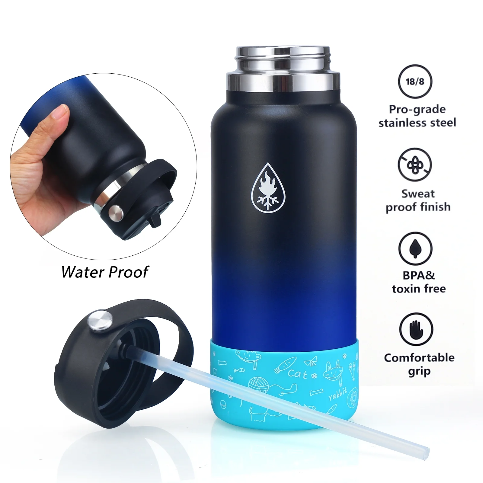 Zeakko Stainless Steel Water Bottle, 32oz Vacuum Insulated Water Bottle BPA-free Double Wall Wide Mouth Leakproof Water Flask with Straw Lids & Protective Silicone Boot