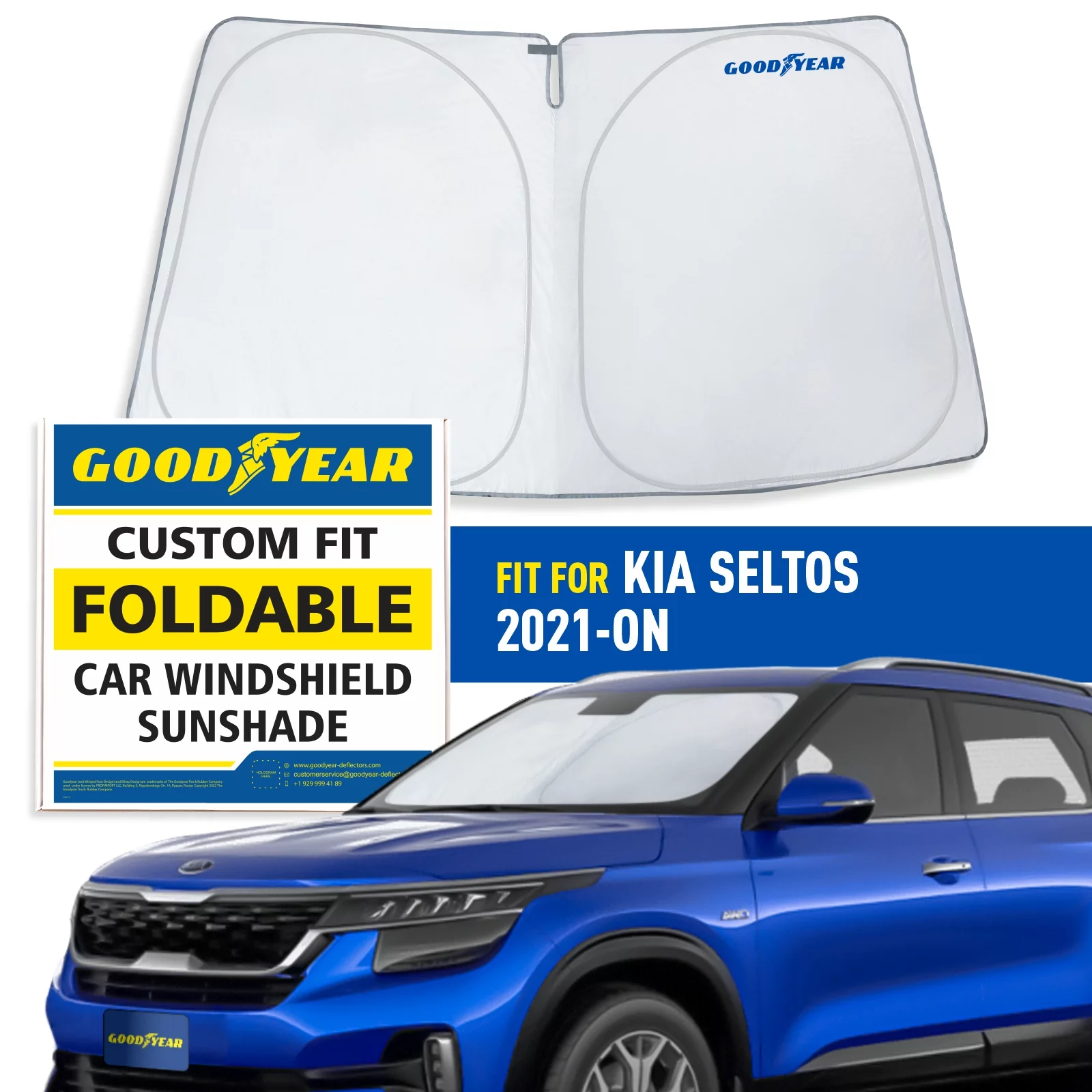 Goodyear Foldable Windshield Sun Shade for Kia Seltos 2021-2024, Custom-Fit Car Windshield Cover,Car Sunshade,UV Protection,Vehicle Sun Protector,Auto Car Window Shades for Front Window - GY008234