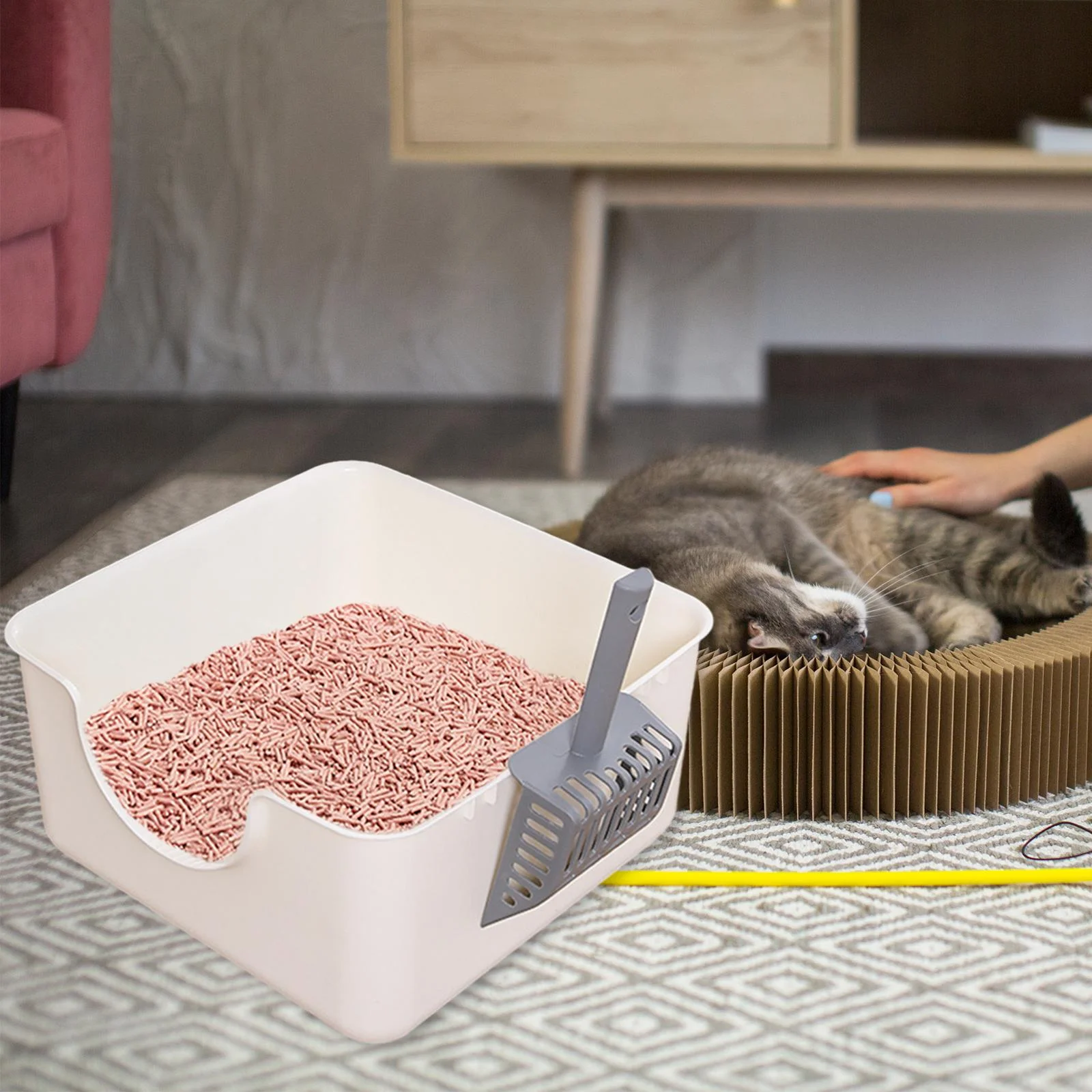 Gazechimp Open Litter Box Kitty Litter Pan Durable Easy to Cleaning U Shape Lowered Front white