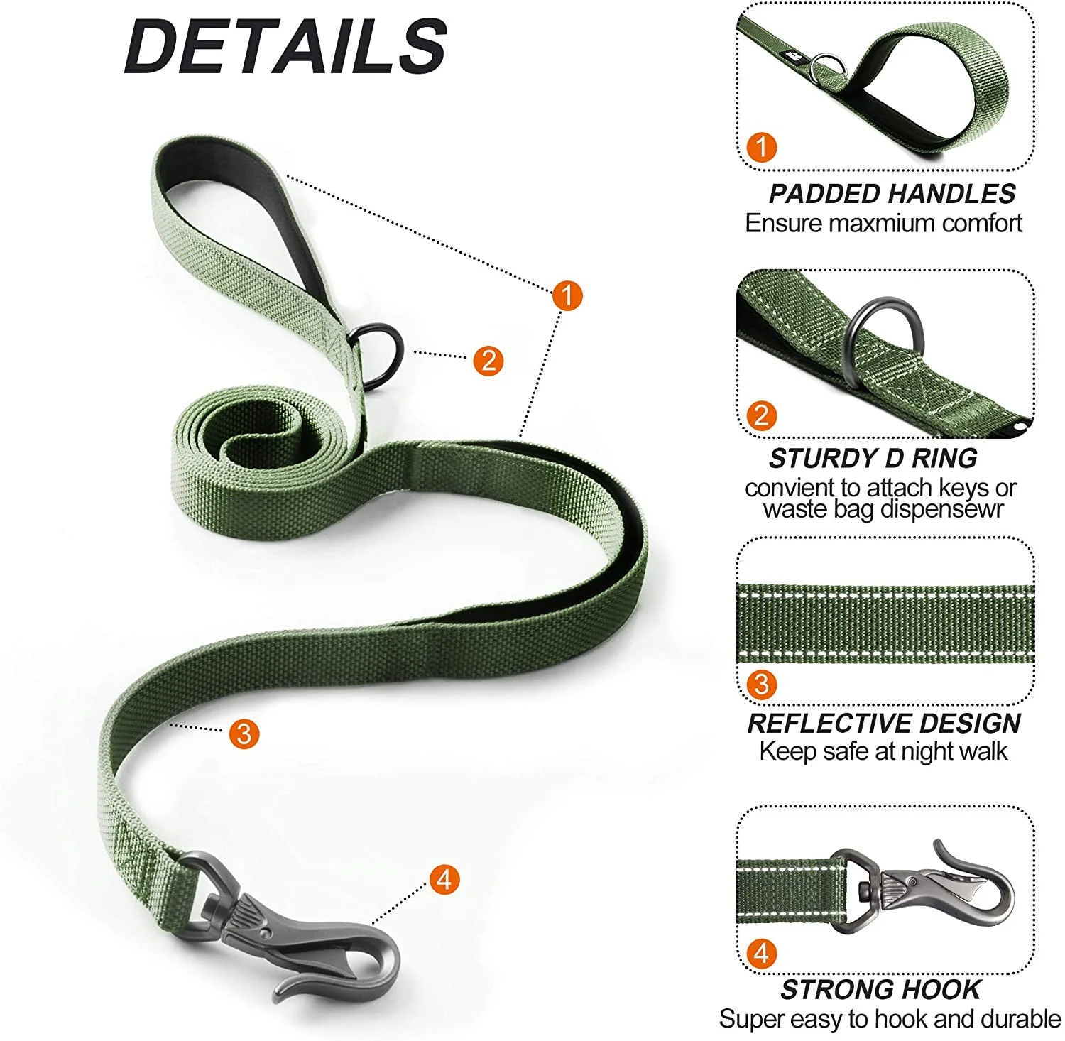 TwoEar 6FT 1IN Strong Green Dog Leash with 2 Padded Handles, Traffic Handle Extra Control, Comfortable Soft Dual Handle, Auto Lock Hook, Reflective Walking Lead for Small Medium and Large Dogs
