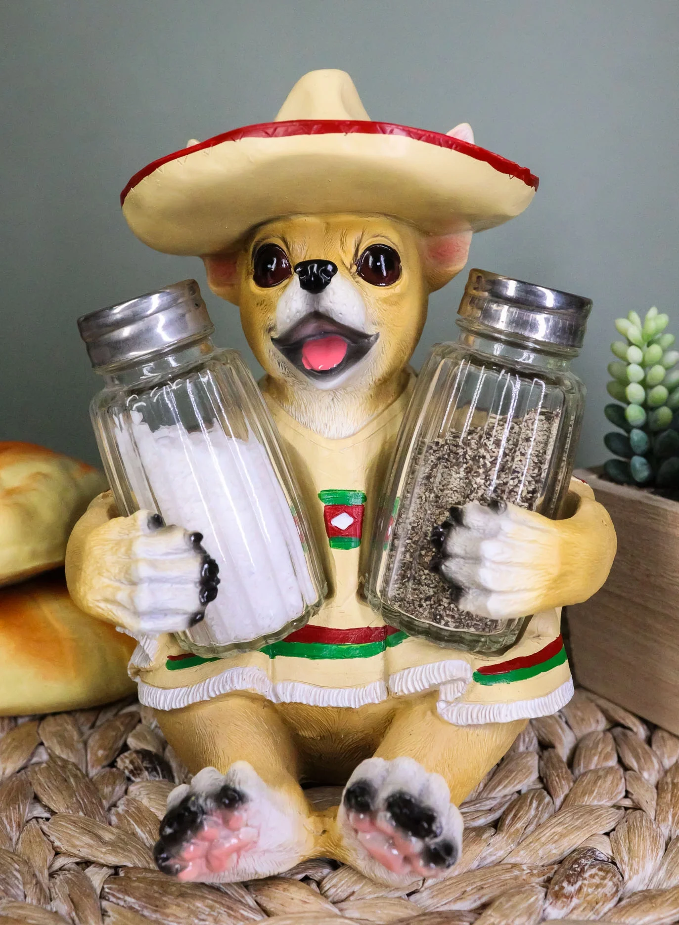 Mexican Chihuahua with Sombrero Hat and Serape Salt Pepper Shakers Holder Set