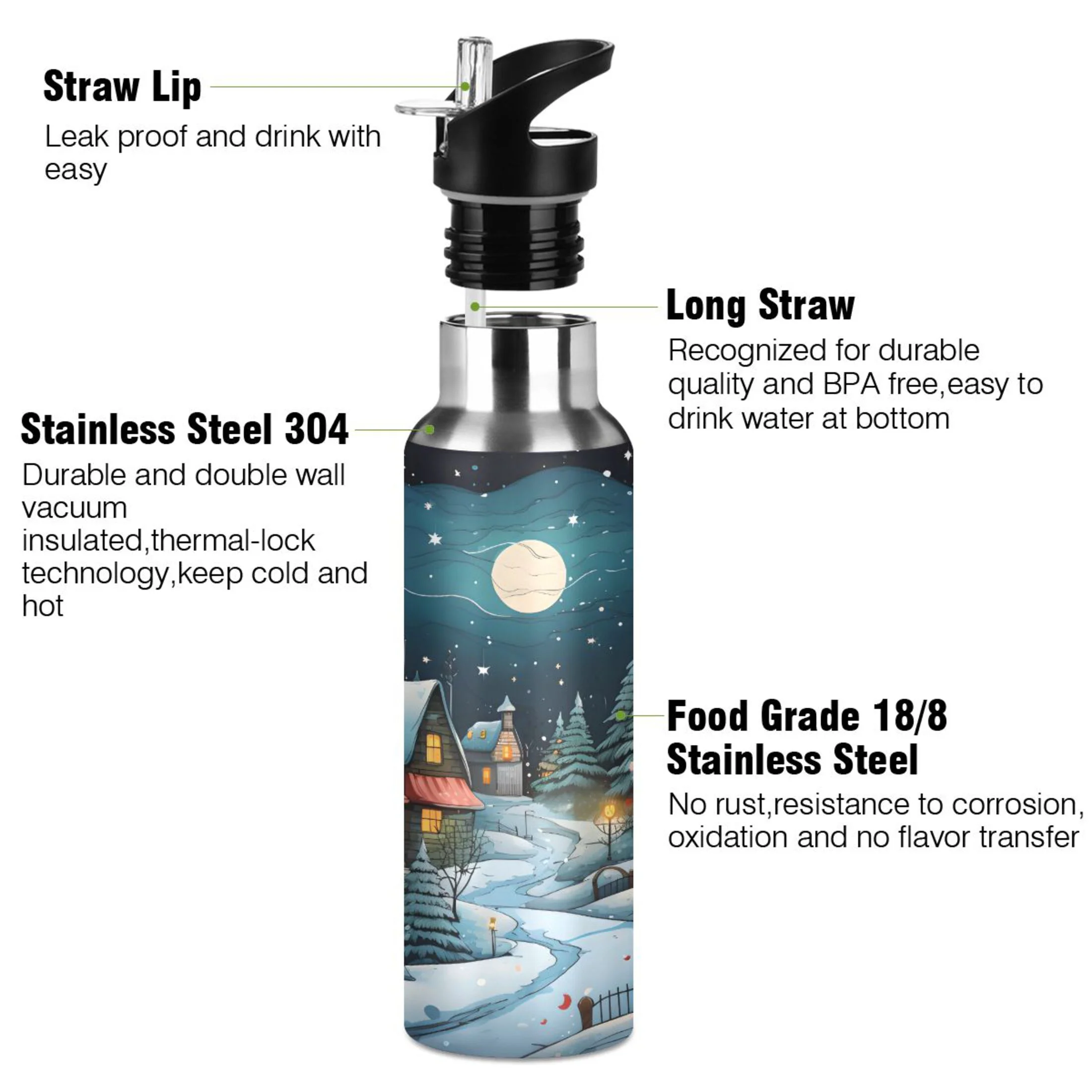 Water Bottle with Straw Lid Leak Winter Houses and Moon Stainless Steel Insulated Thermos Vacuum Flask for Cold Hot Drinking for Sports Camping Gym Yoga