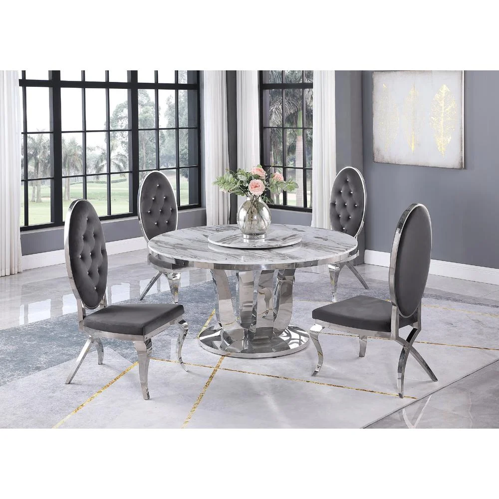 6pc. White Marble Dining Set with Lazy Susan and Silver Stainless Steel