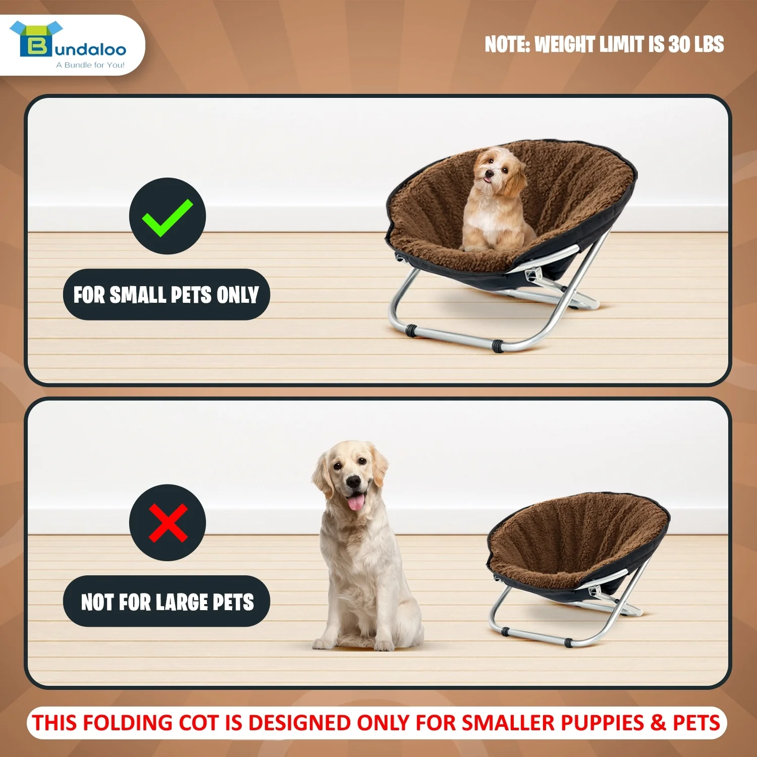 Bundaloo Round Foldable Dog & Cat Bed - Folding Pet Cot, Elevated Portable Seat Cushion with Removable & Washable Cover - for Small to Medium-Sized Pets - 30lbs Maximum Weight Capacity - 21