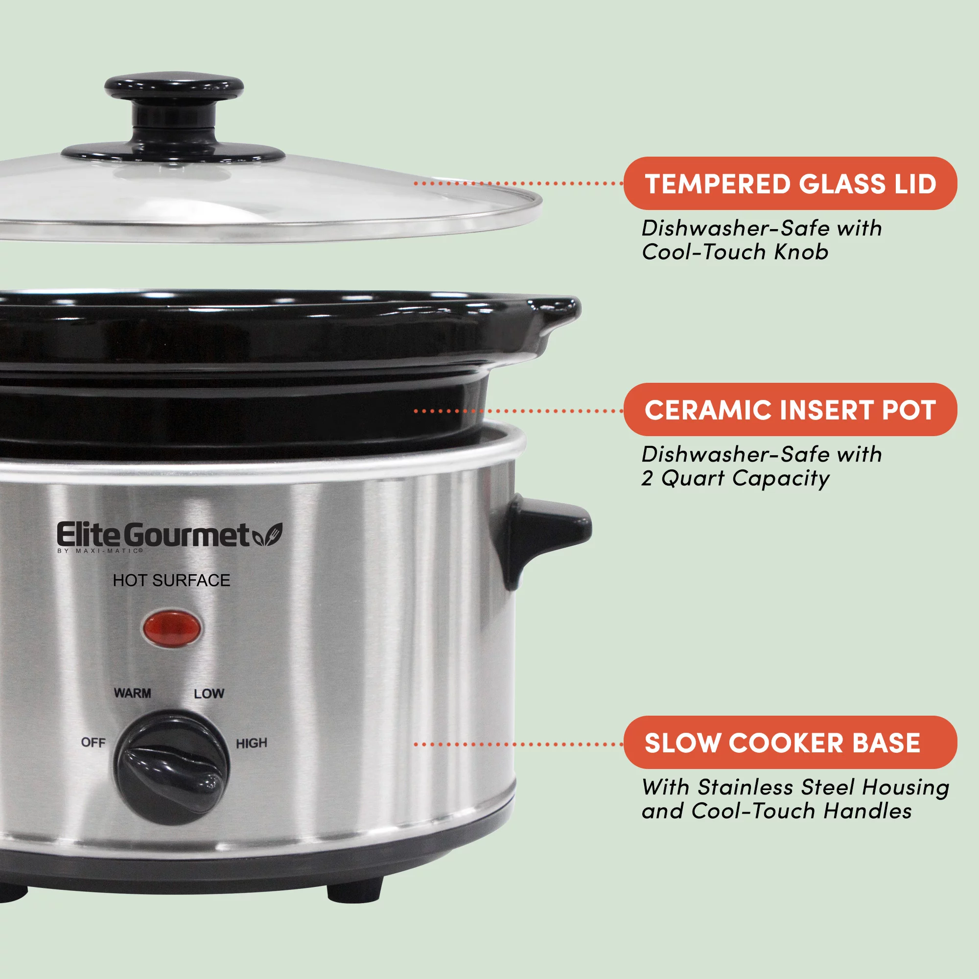Elite Gourmet 2 Qt Oval Stainless Steel Slow Cooker