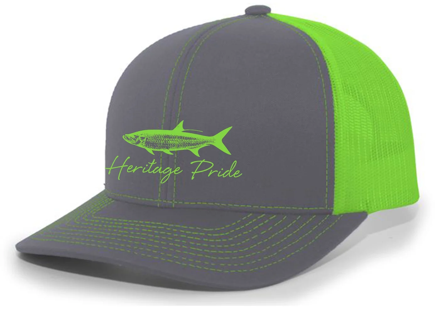 Heritage Pride Saltwater Fish Tarpon Deep Sea Fishing Sihouette Script Mens Embroidered Mesh Back Trucker Hat Baseball Cap, Charcoal/Neon Green