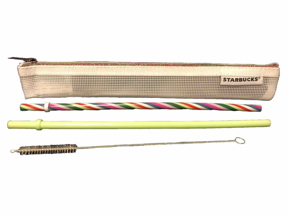 Starbucks Venti 24oz Reusable Straw & Brush Set - Candy Cane & Lime Green Straws With Pouch