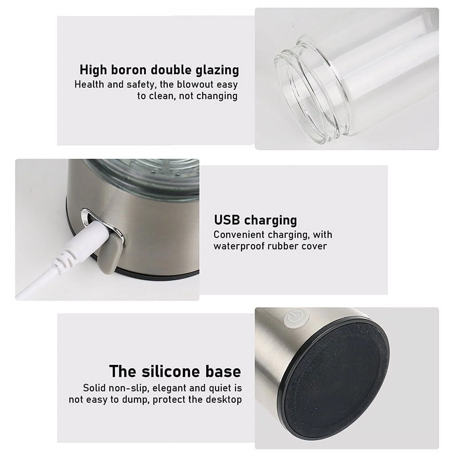 Hydrogen Water Bottle, 420ml Portable Rechargeable Hydrogen Water Ionizer for Home Office Travel, Silver