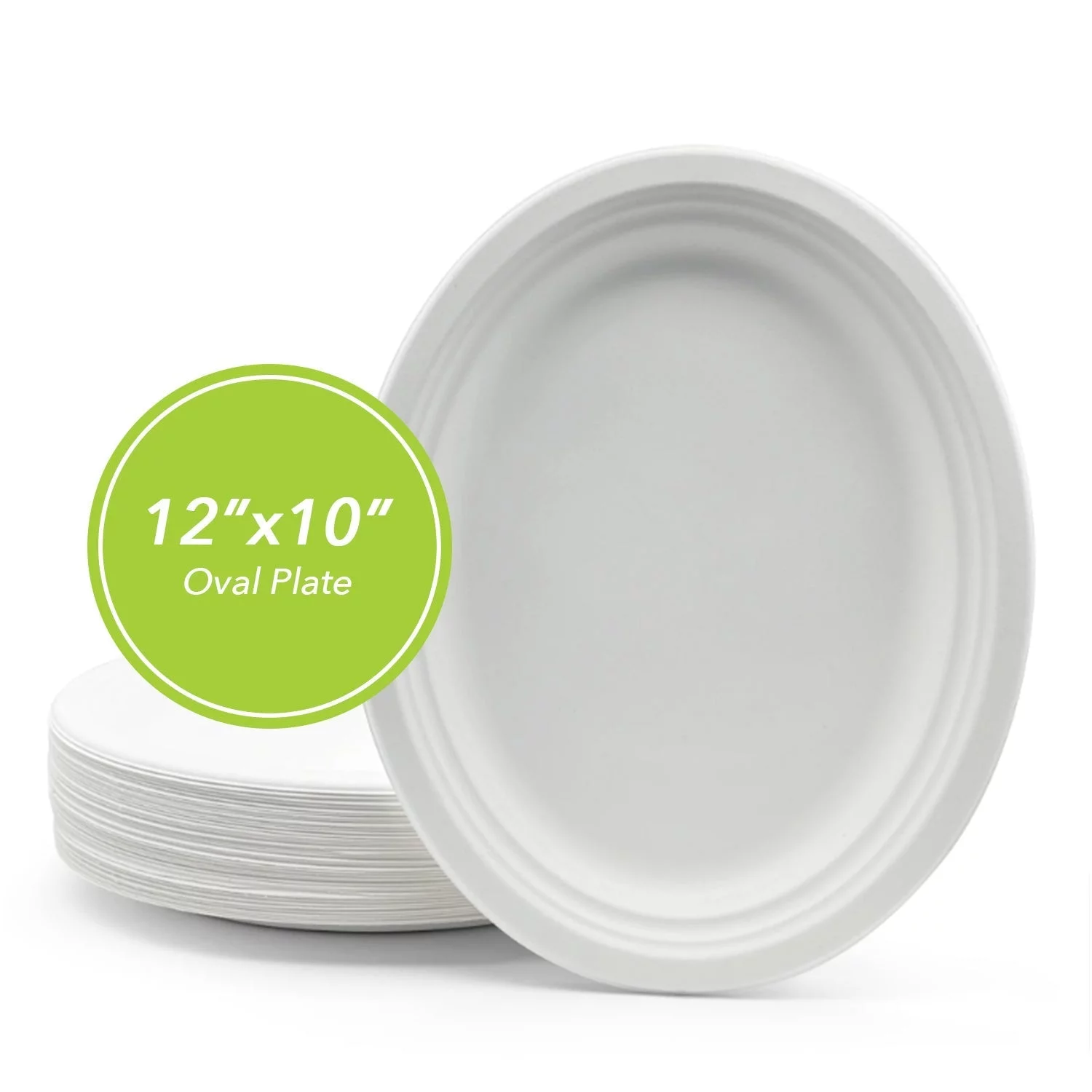 Three Leaf 12” X 10” Bagasse Oval Plate, 50 CT. Heavy-Duty- Super Strong- White- Eco-Friendly